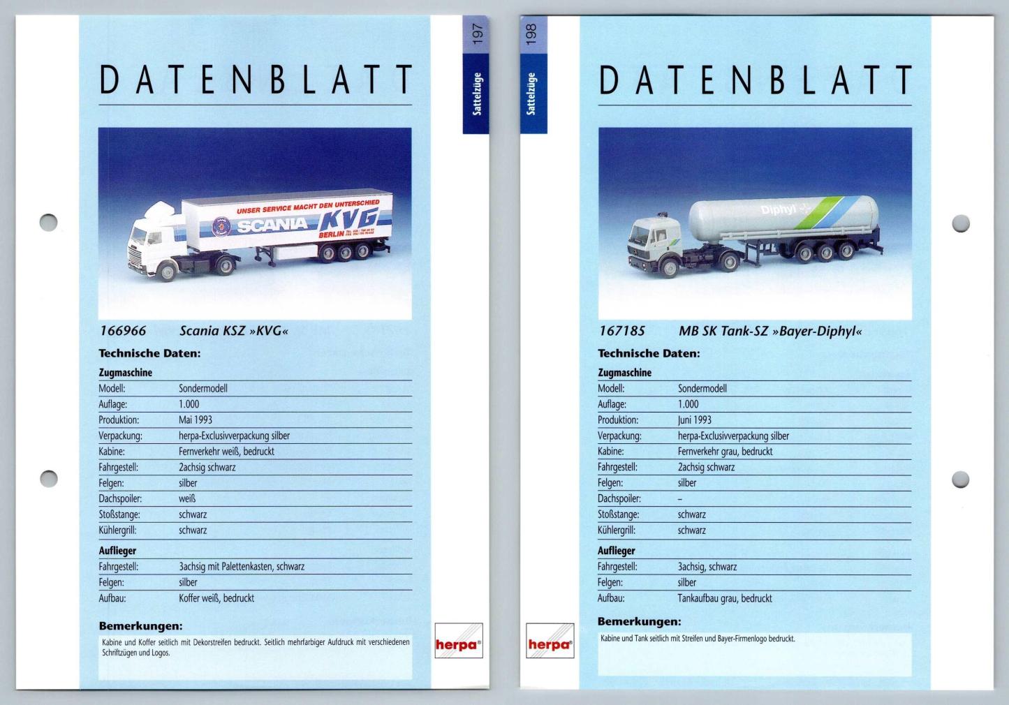 Scania KSZ / MB SK Tank SZ #197/198 Sattelzuge - Herpa Data Sheet-Breakoutcards
