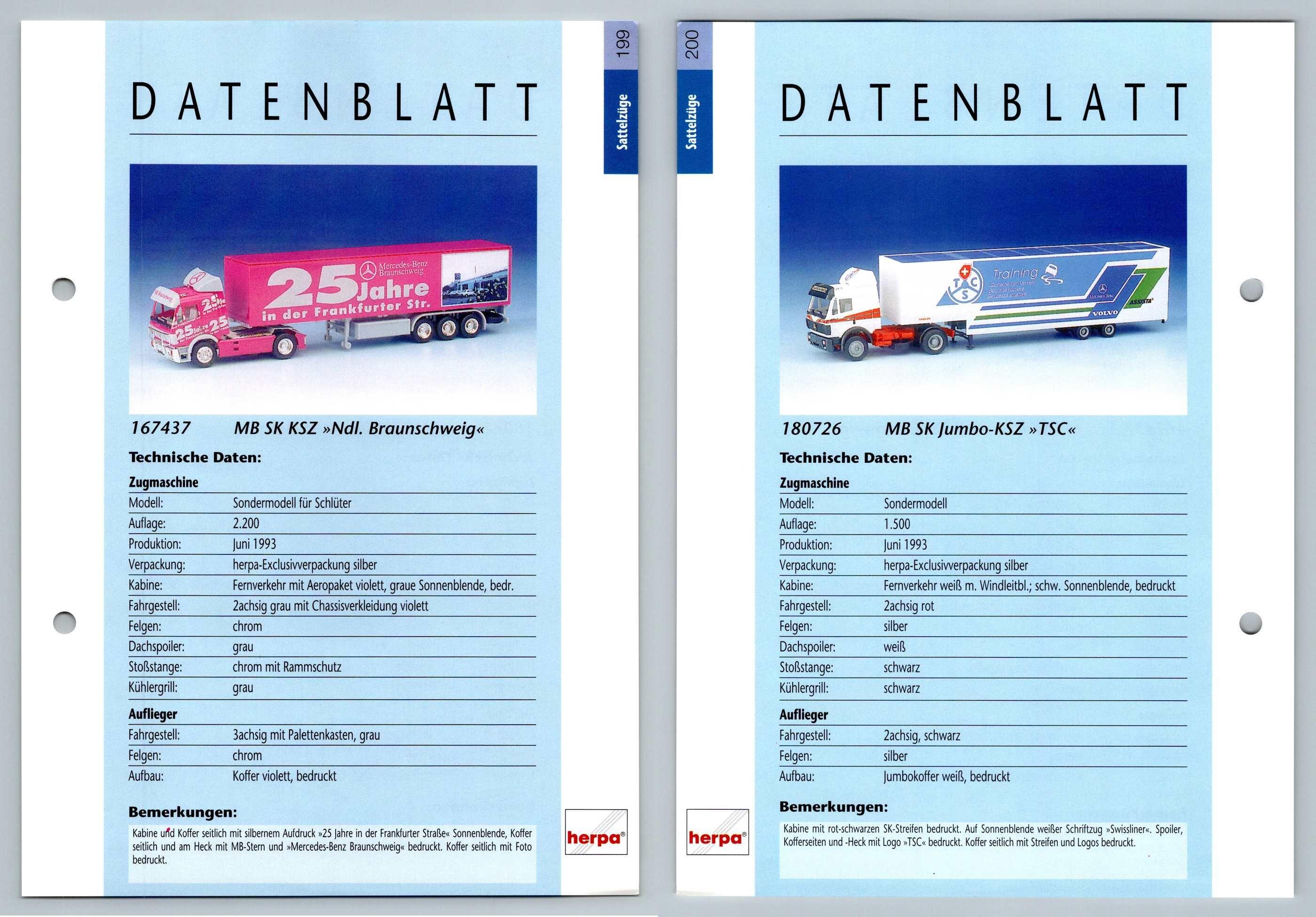 MB SK KSZ / MB SK Jumbo KSZ #199/200 Sattelzuge - Herpa Data Sheet-Breakoutcards