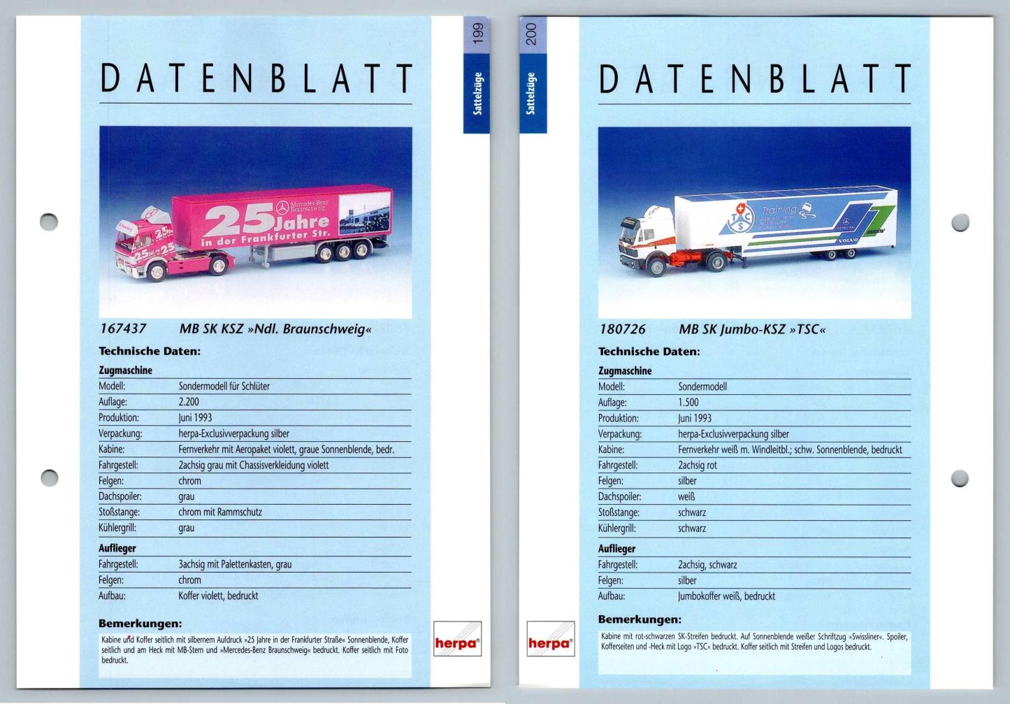 MB SK KSZ / MB SK Jumbo KSZ #199/200 Sattelzuge - Herpa Data Sheet-Breakoutcards