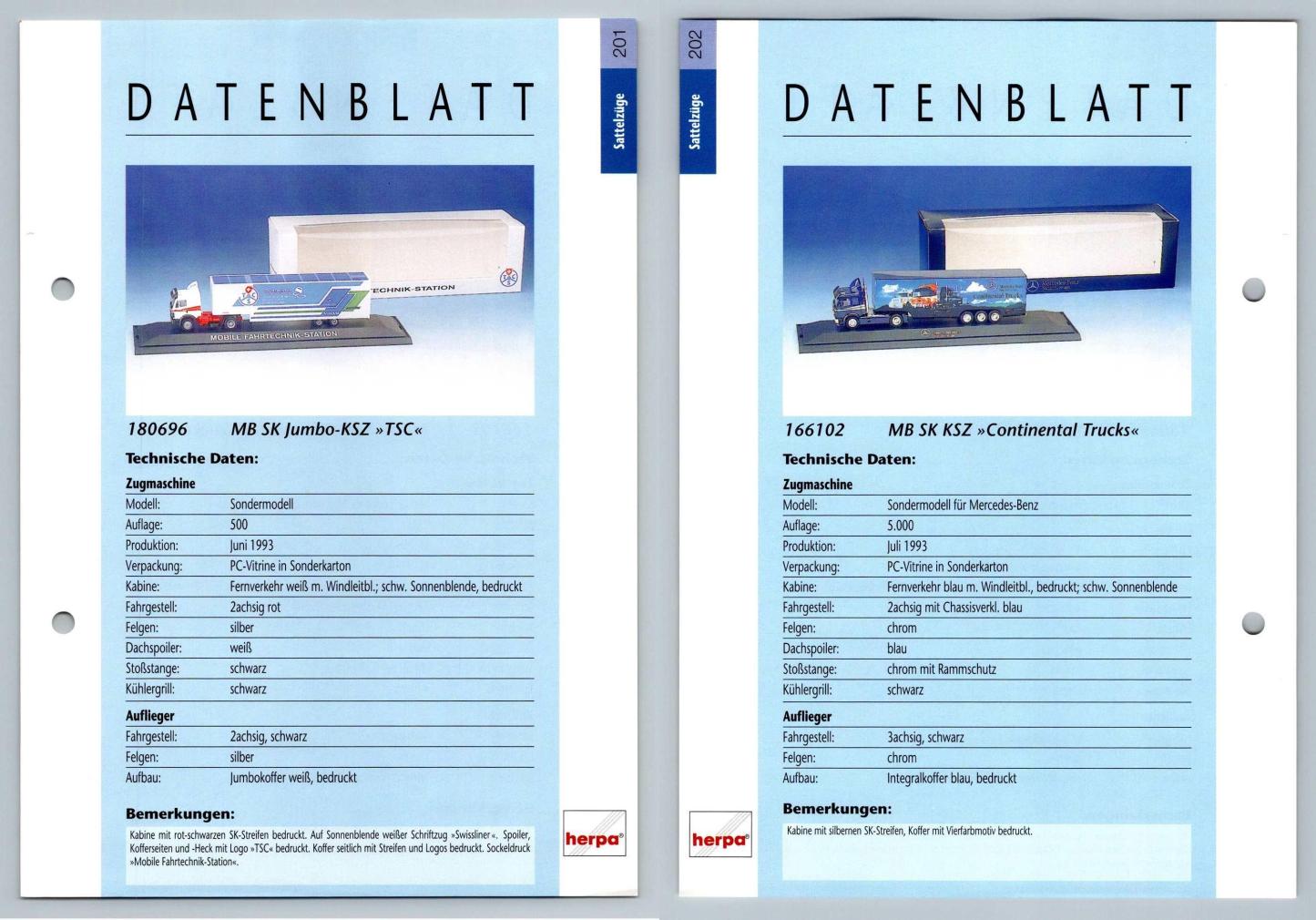 MB SK Jumbo KSZ / MB SK KSZ #201/202 Sattelzuge - Herpa Data Sheet-Breakoutcards