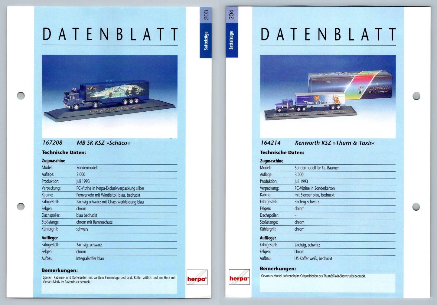 MB SK KSZ / Kenworth KSZ #203/204 Sattelzuge - Herpa Data Sheet-Breakoutcards