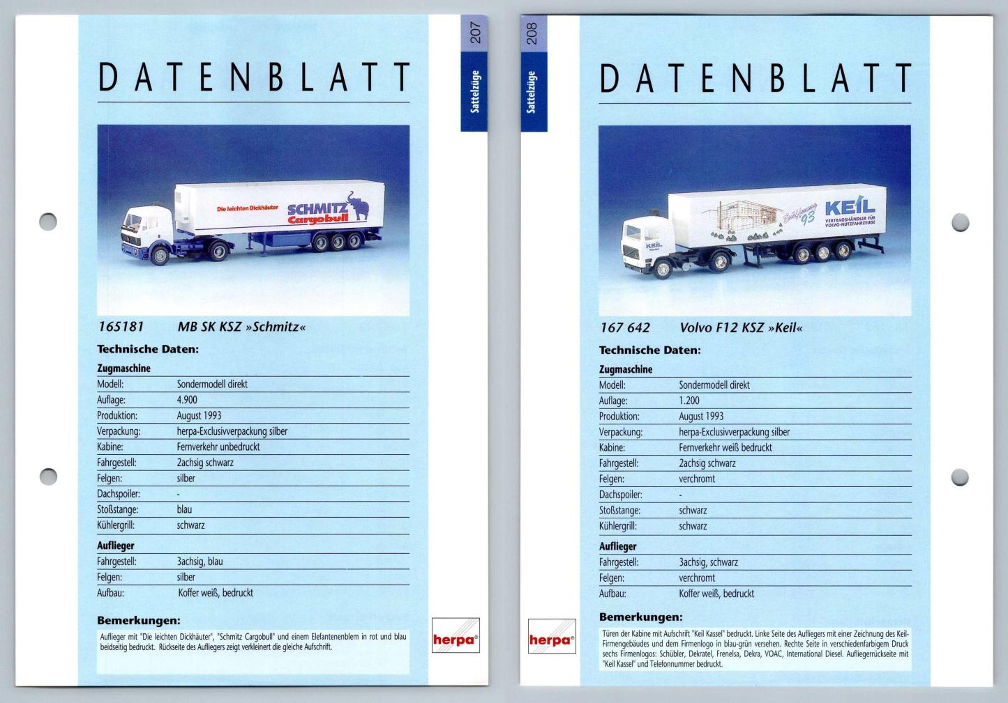MB SK KSZ / Volvo F12 KSZ #207/208 Sattelzuge - Herpa Data Sheet-Breakoutcards