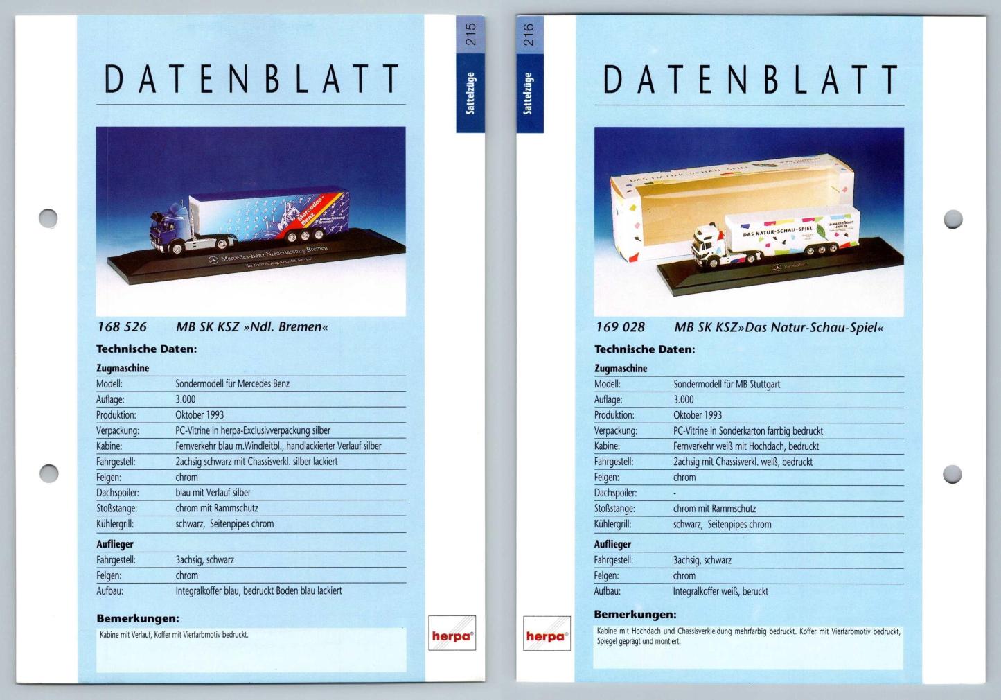 MB SK KSZ Ndl Bremen / Das Natur Schau Spiel #215/216 Sattelzuge - Herpa Data Sheet-Breakoutcards