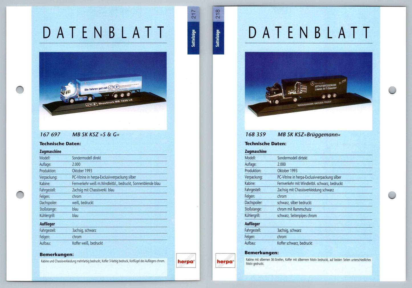 MB SK KSZ S & G / Bruggemann #217/218 Sattelzuge - Herpa Data Sheet-Breakoutcards