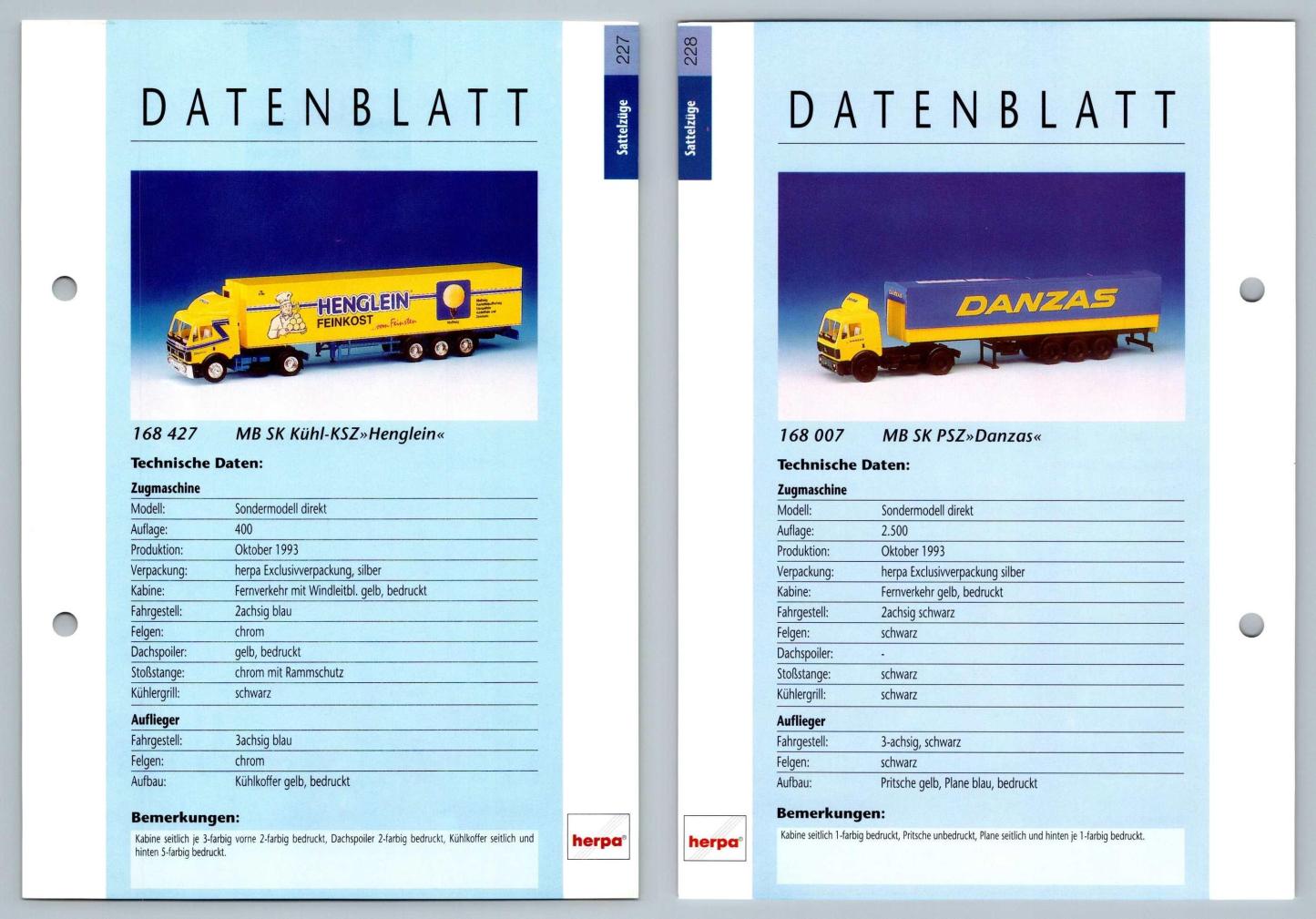 MB SK Kuhl KSZ / MB SK PSZ #227/228 Sattelzuge - Herpa Data Sheet-Breakoutcards