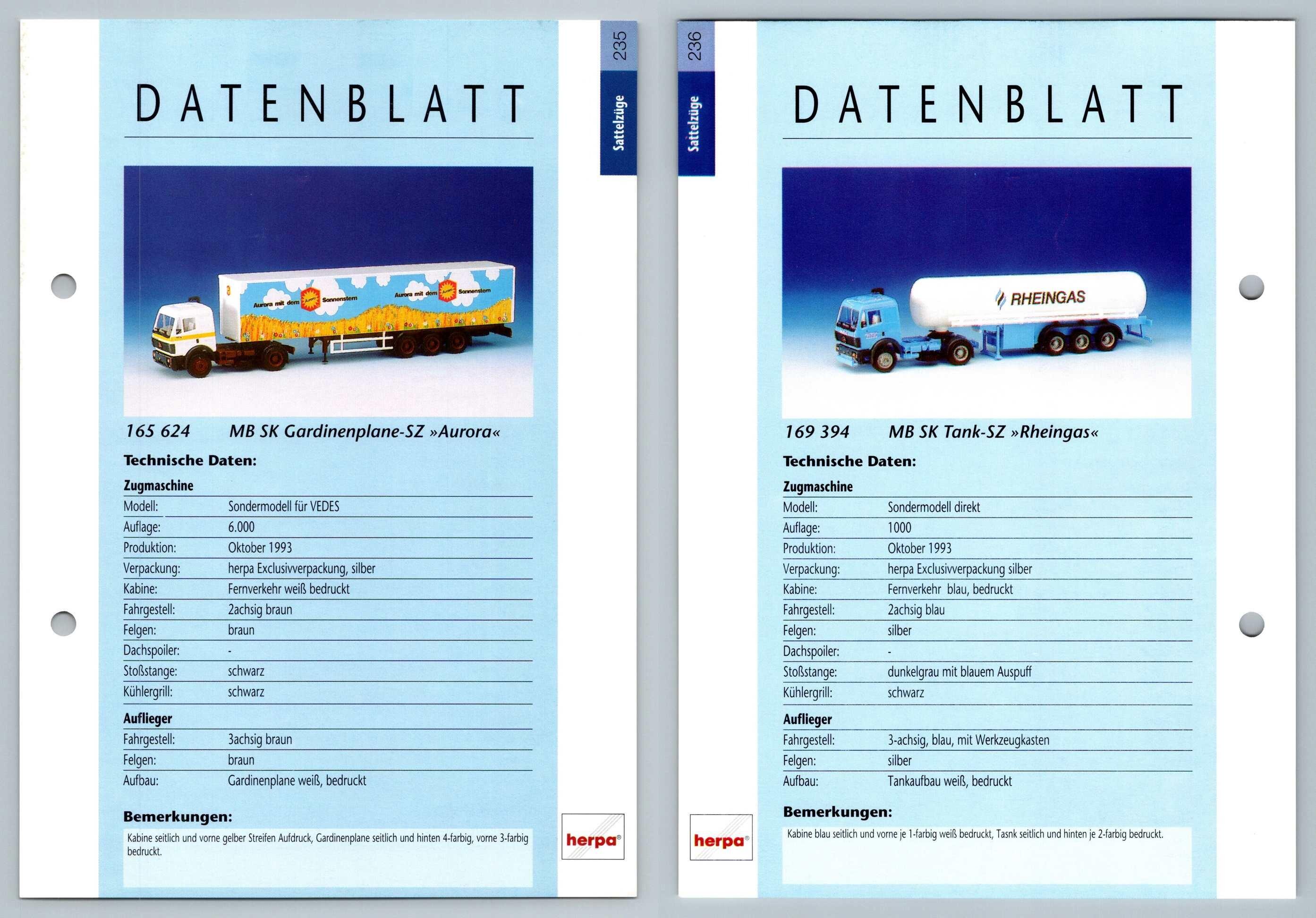 MB SK Gardinenplane / MB SK Tank #235/6 Sattelzuge - Herpa Data Sheet-Breakoutcards