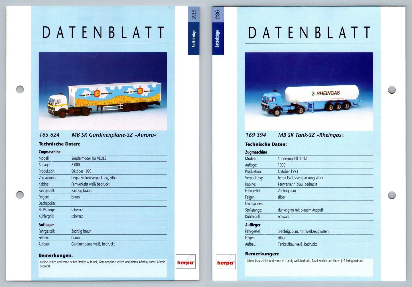 MB SK Gardinenplane / MB SK Tank #235/6 Sattelzuge - Herpa Data Sheet-Breakoutcards