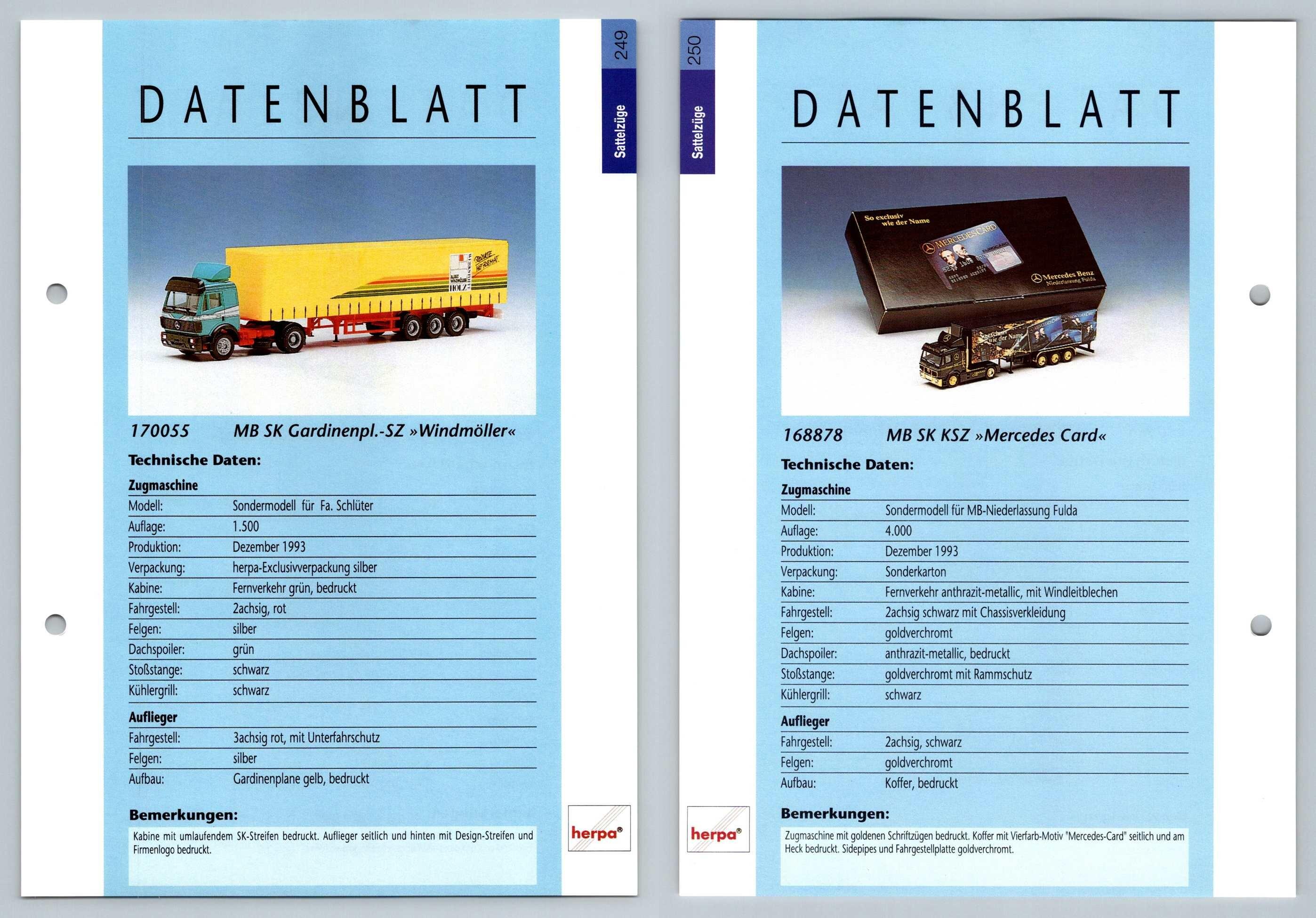 MB SK Gardinenpl / MB SK KSZ #249/50 Sattelzuge - Herpa Data Sheet-Breakoutcards
