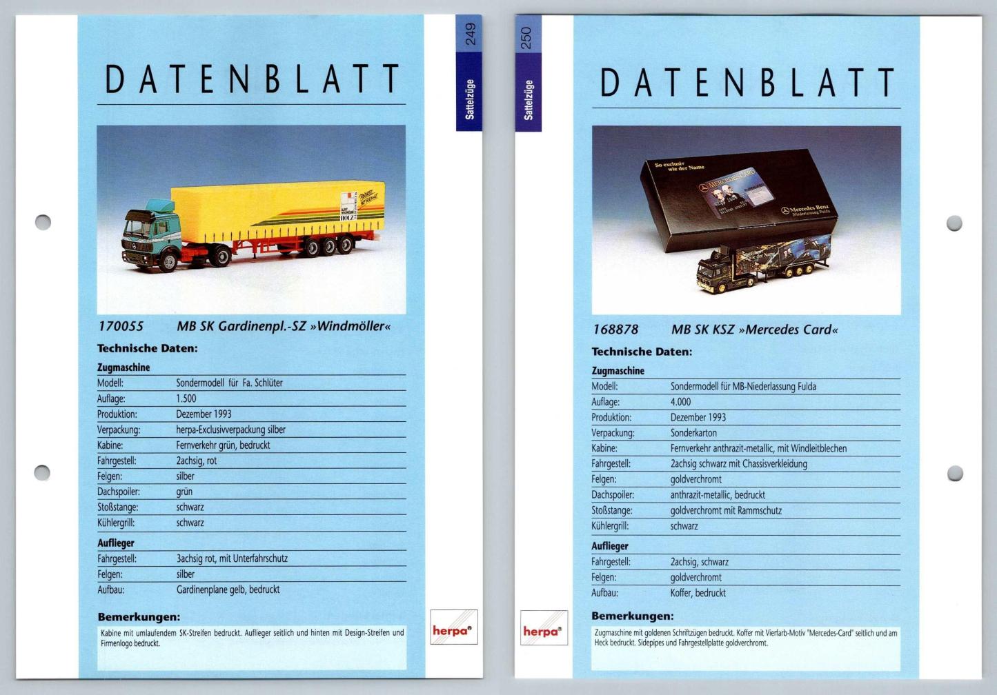 MB SK Gardinenpl / MB SK KSZ #249/50 Sattelzuge - Herpa Data Sheet-Breakoutcards