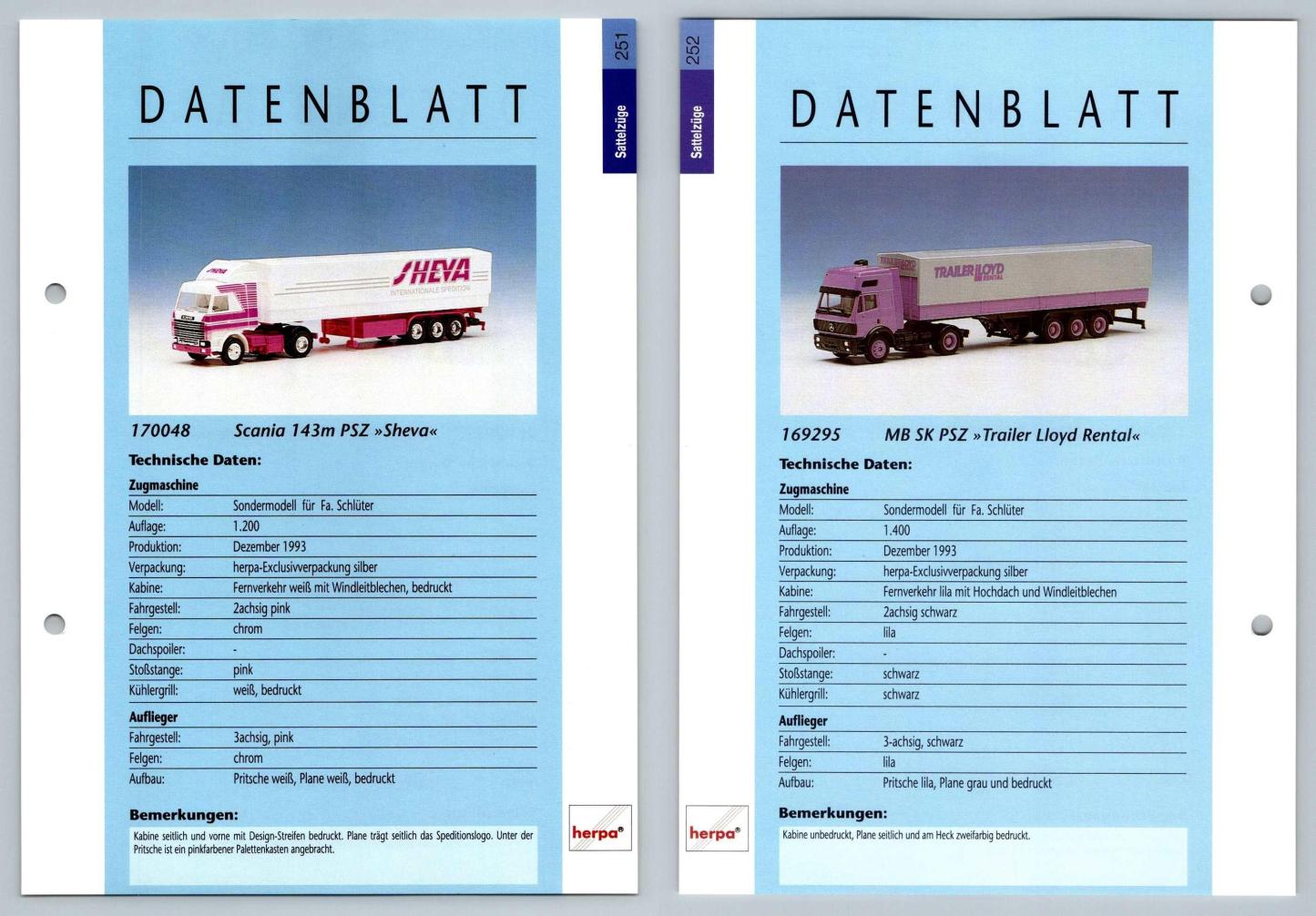 Scania 143m PSZ / MB SK PSZ #251/252 Sattelzuge - Herpa Data Sheet-Breakoutcards