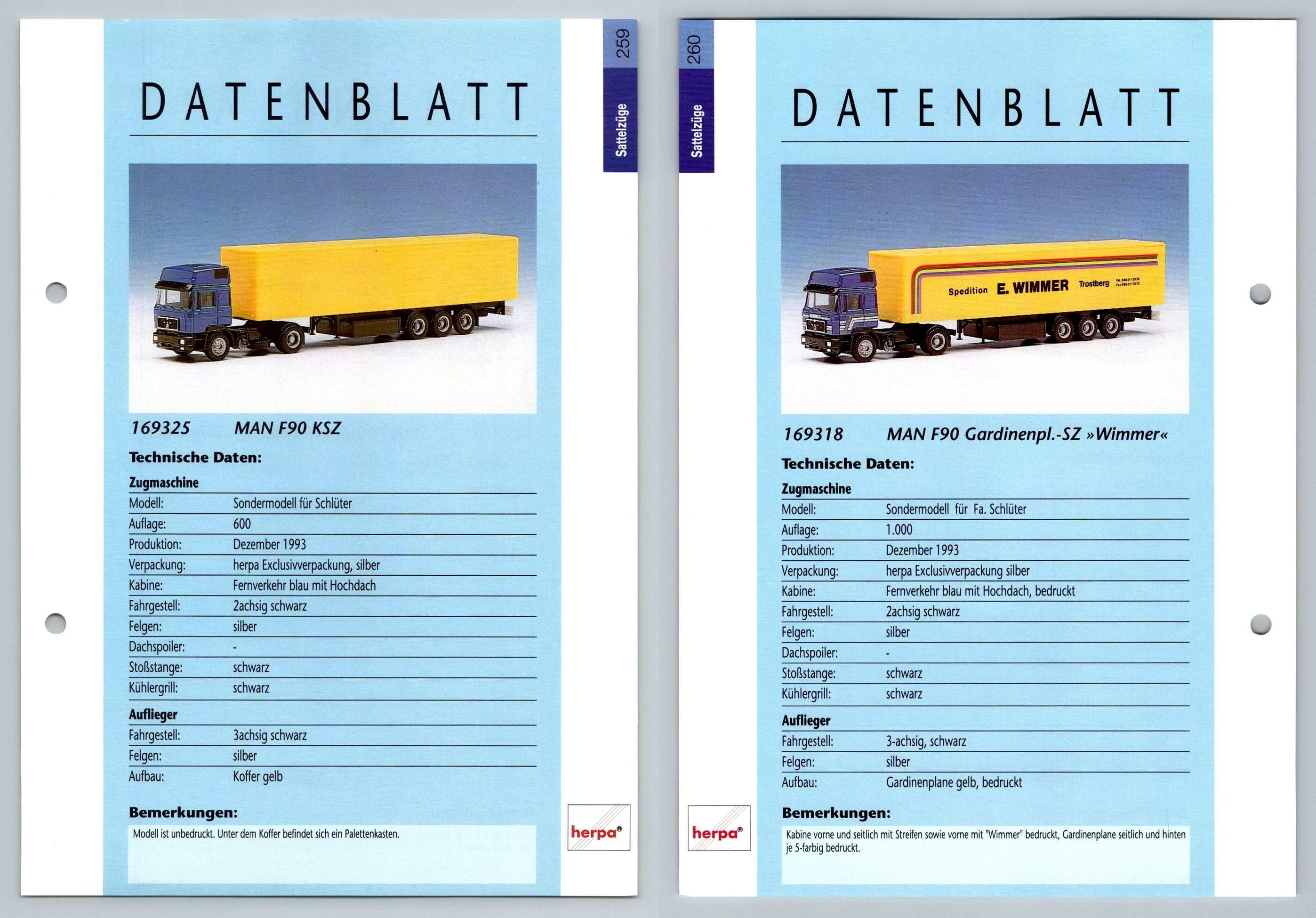 MAN F90 KSZ / Gardinenpl #259/260 Sattelzuge - Herpa Data Sheet-Breakoutcards