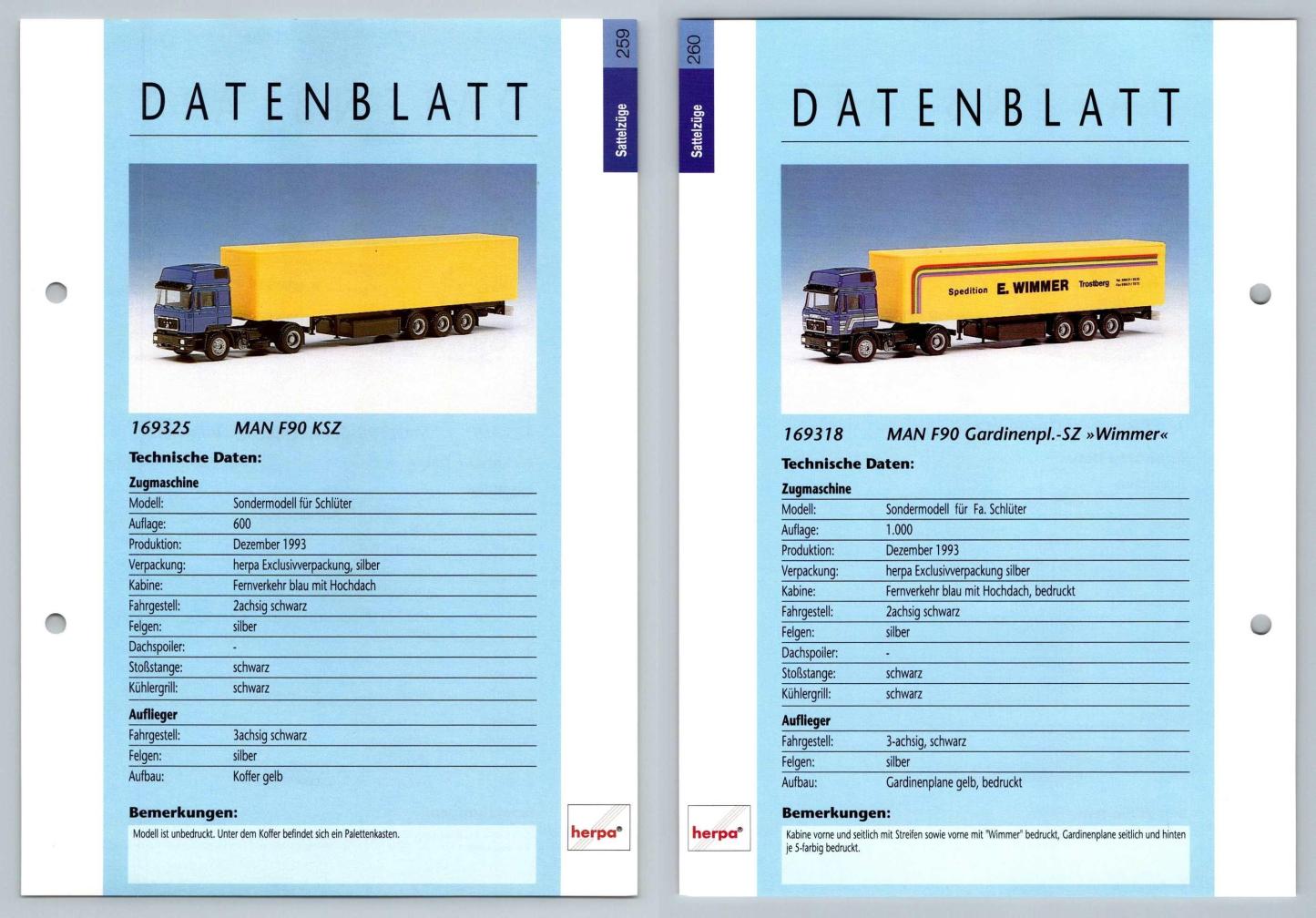 MAN F90 KSZ / Gardinenpl #259/260 Sattelzuge - Herpa Data Sheet-Breakoutcards