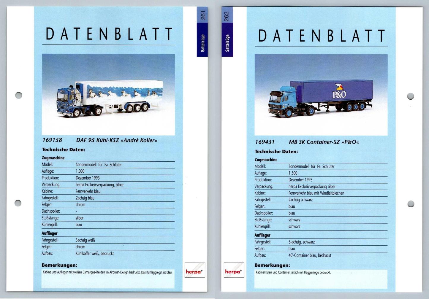 DAF 95 KUHL / MB SK Container #261/262 Sattelzuge - Herpa Data Sheet-Breakoutcards