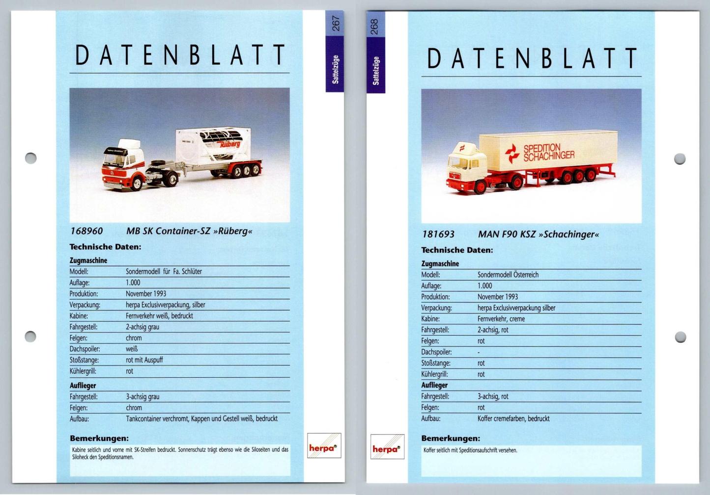 MB SK Container / MAN F90 #267/268 Sattelzuge - Herpa Data Sheet-Breakoutcards