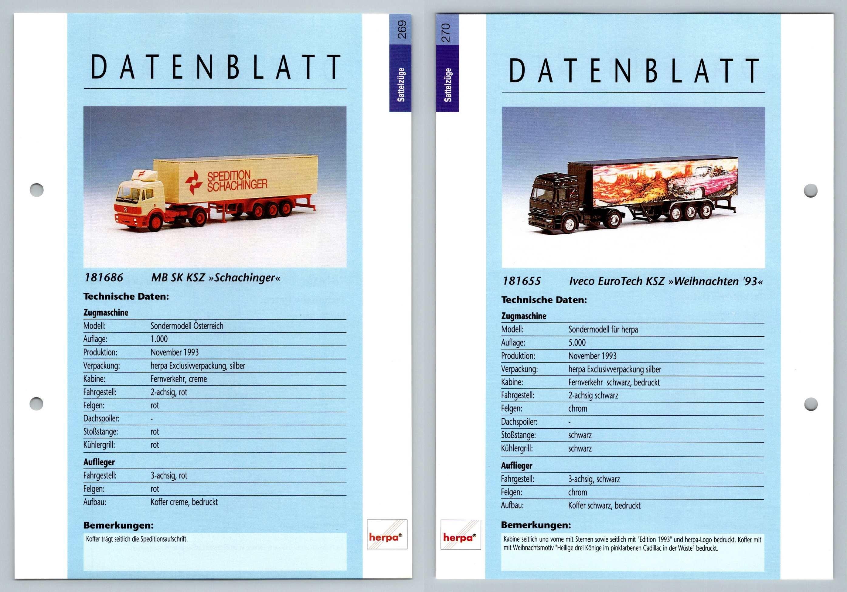 MB SK KSZ / Iveco EuroTech #269/270 Sattelzuge - Herpa Data Sheet-Breakoutcards