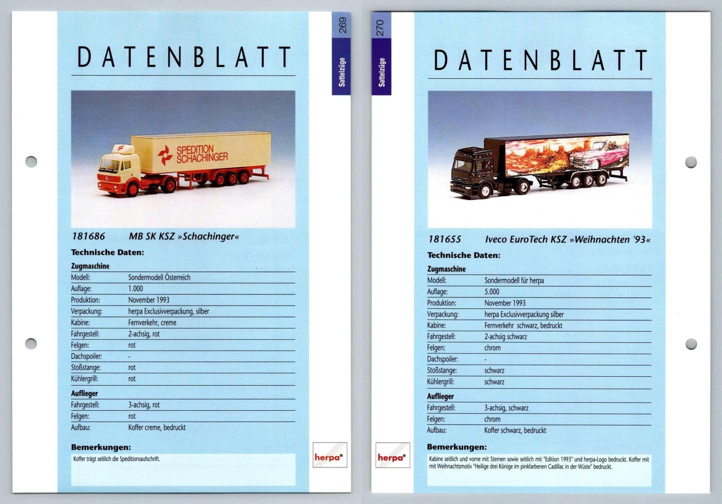 MB SK KSZ / Iveco EuroTech #269/270 Sattelzuge - Herpa Data Sheet-Breakoutcards