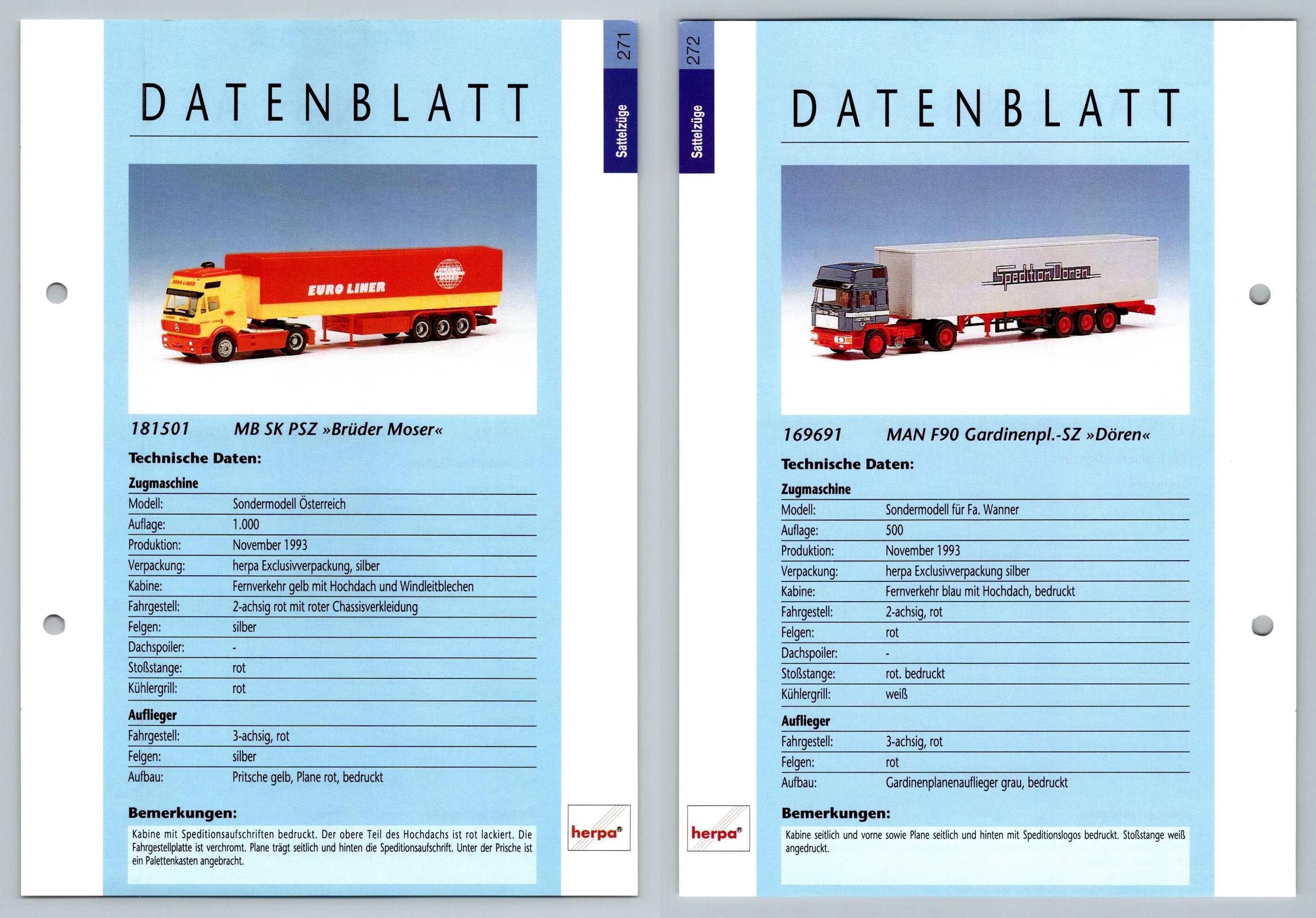 MB SK PSZ / MAN F90 Gardinenpl #271/272 Sattelzuge - Herpa Data Sheet-Breakoutcards