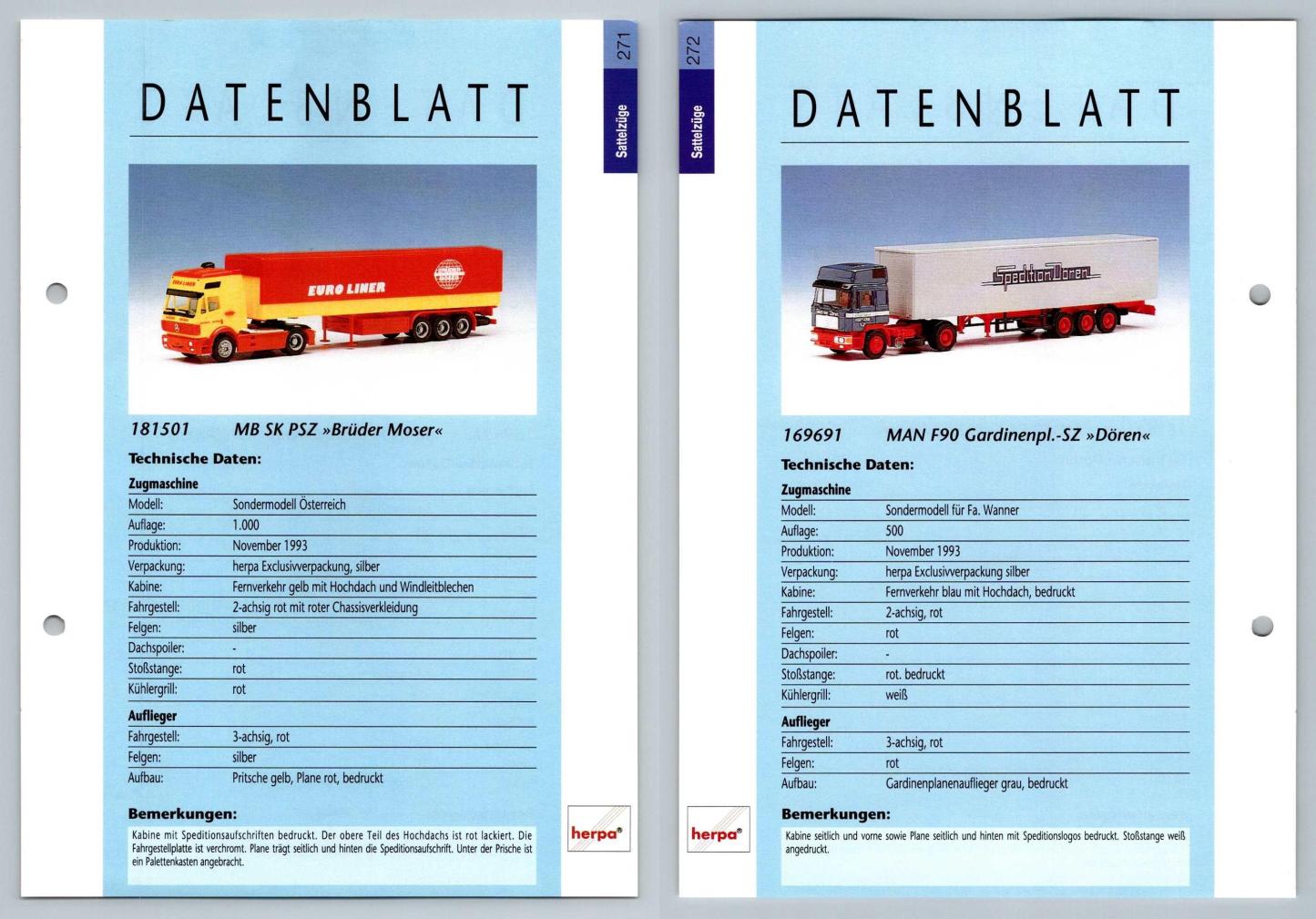 MB SK PSZ / MAN F90 Gardinenpl #271/272 Sattelzuge - Herpa Data Sheet-Breakoutcards