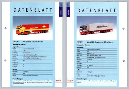 MB SK PSZ / MAN F90 Gardinenpl #271/272 Sattelzuge - Herpa Data Sheet-Breakoutcards