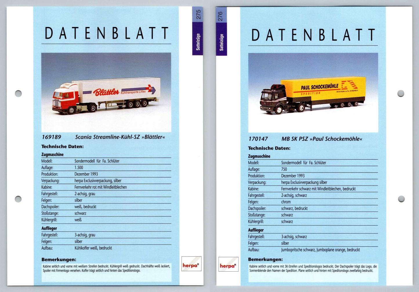 Scania Streamline / MB SK PSZ #275/276 Sattelzuge - Herpa Data Sheet-Breakoutcards