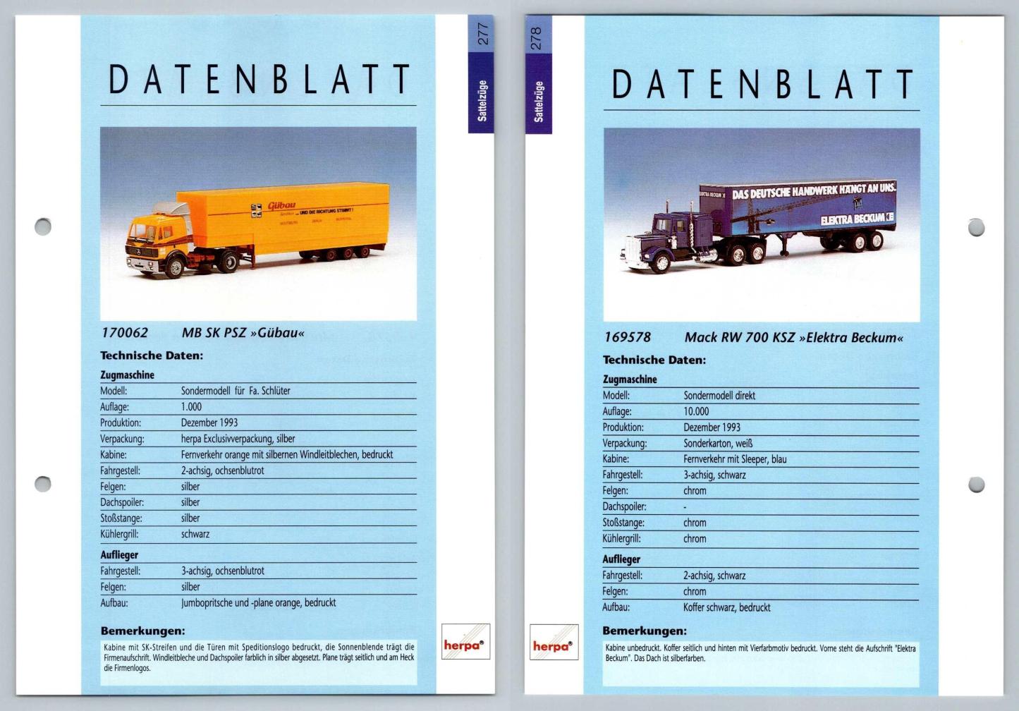 MB SK PSZ / Mack RW 700 #277/278 Sattelzuge - Herpa Data Sheet-Breakoutcards