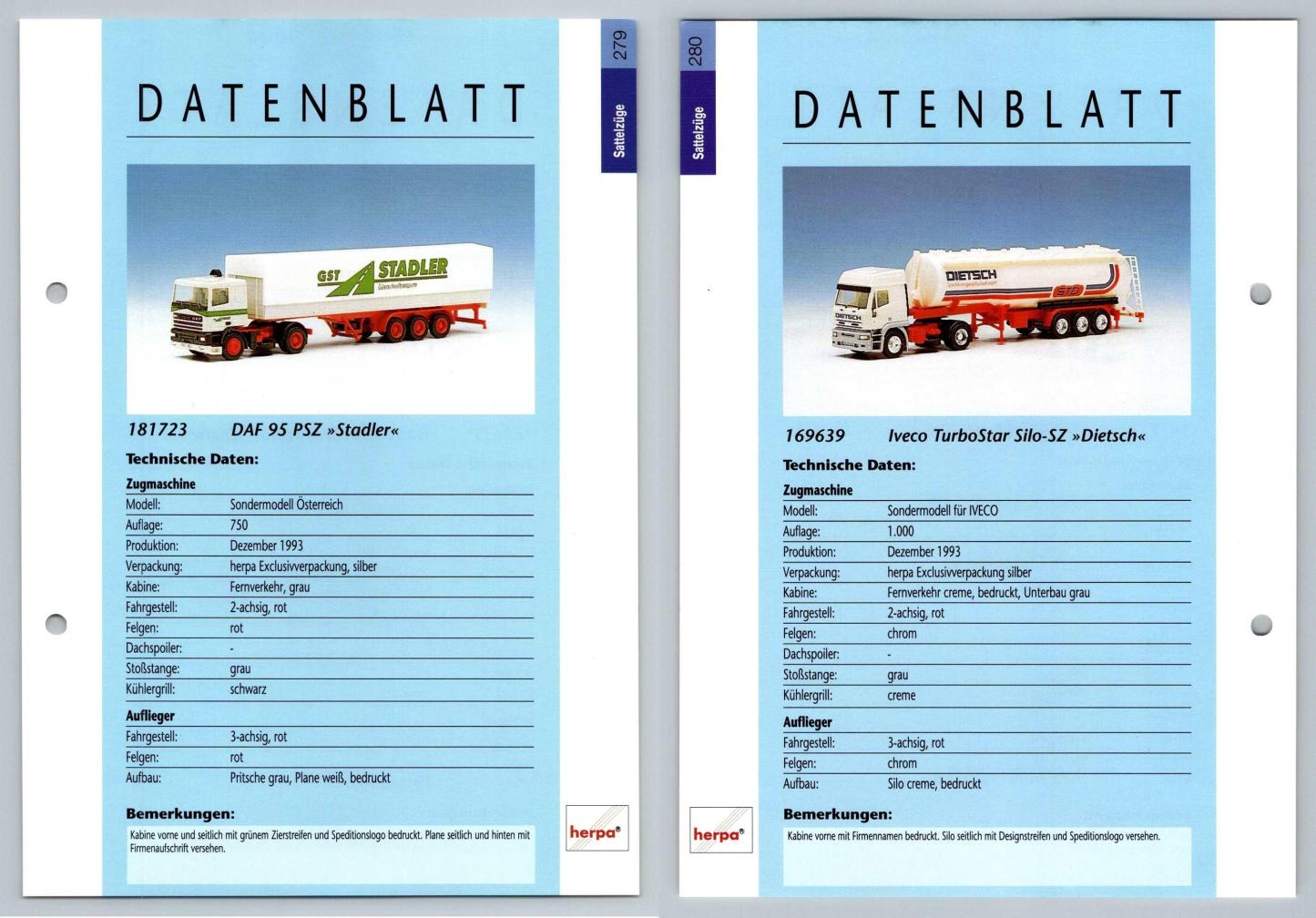 DAF 95 PSZ / Iveco TurboStar #279/280 Sattelzuge - Herpa Data Sheet-Breakoutcards