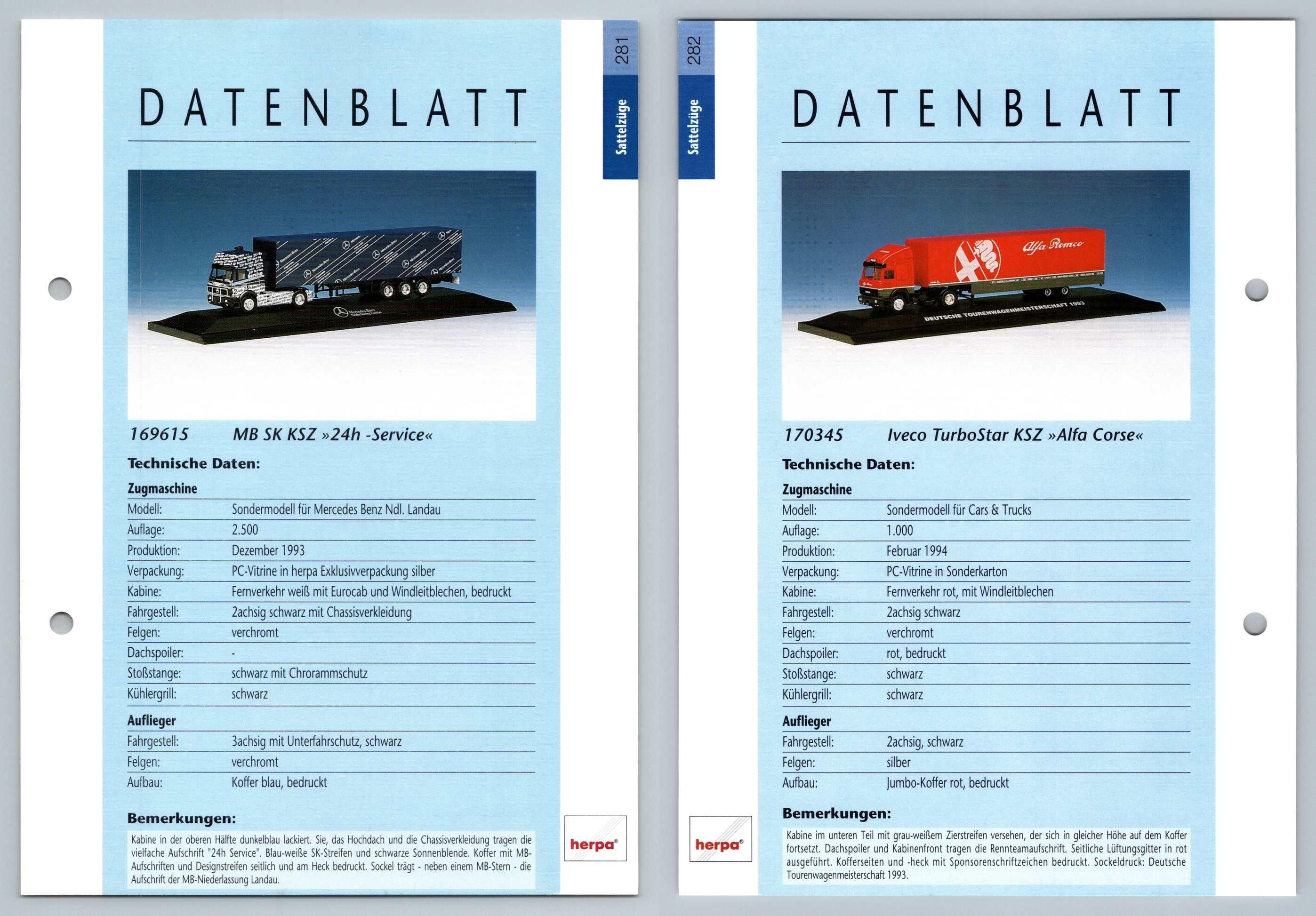 MB SK KSZ / Iveco TurboStar #281/282 Sattelzuge - Herpa Data Sheet-Breakoutcards