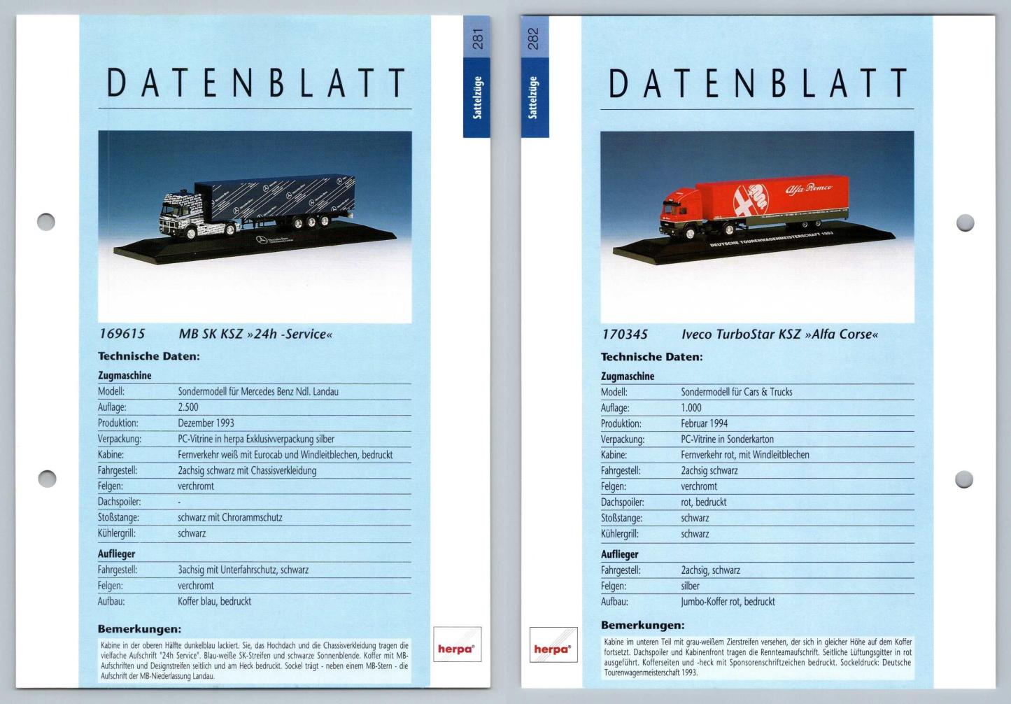 MB SK KSZ / Iveco TurboStar #281/282 Sattelzuge - Herpa Data Sheet-Breakoutcards