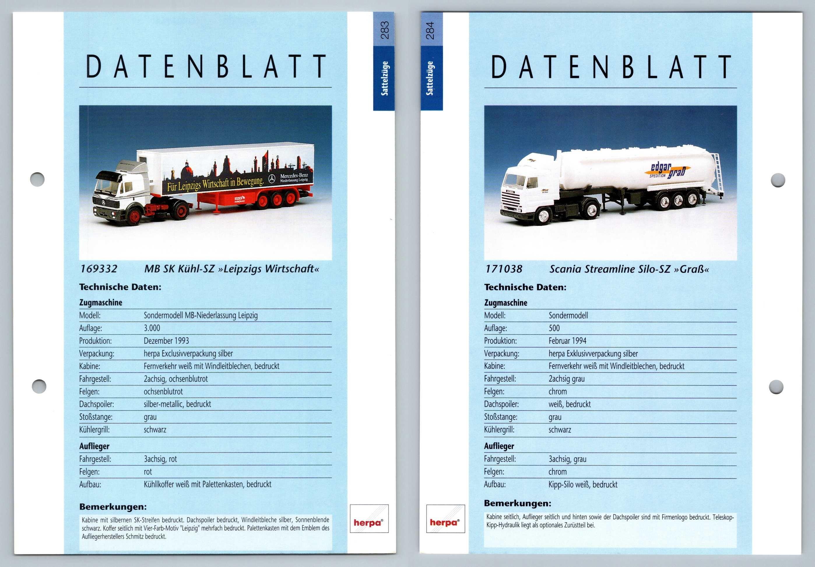 MB SK KUHL / Scania Streamline #283/284 Sattelzuge - Herpa Data Sheet-Breakoutcards