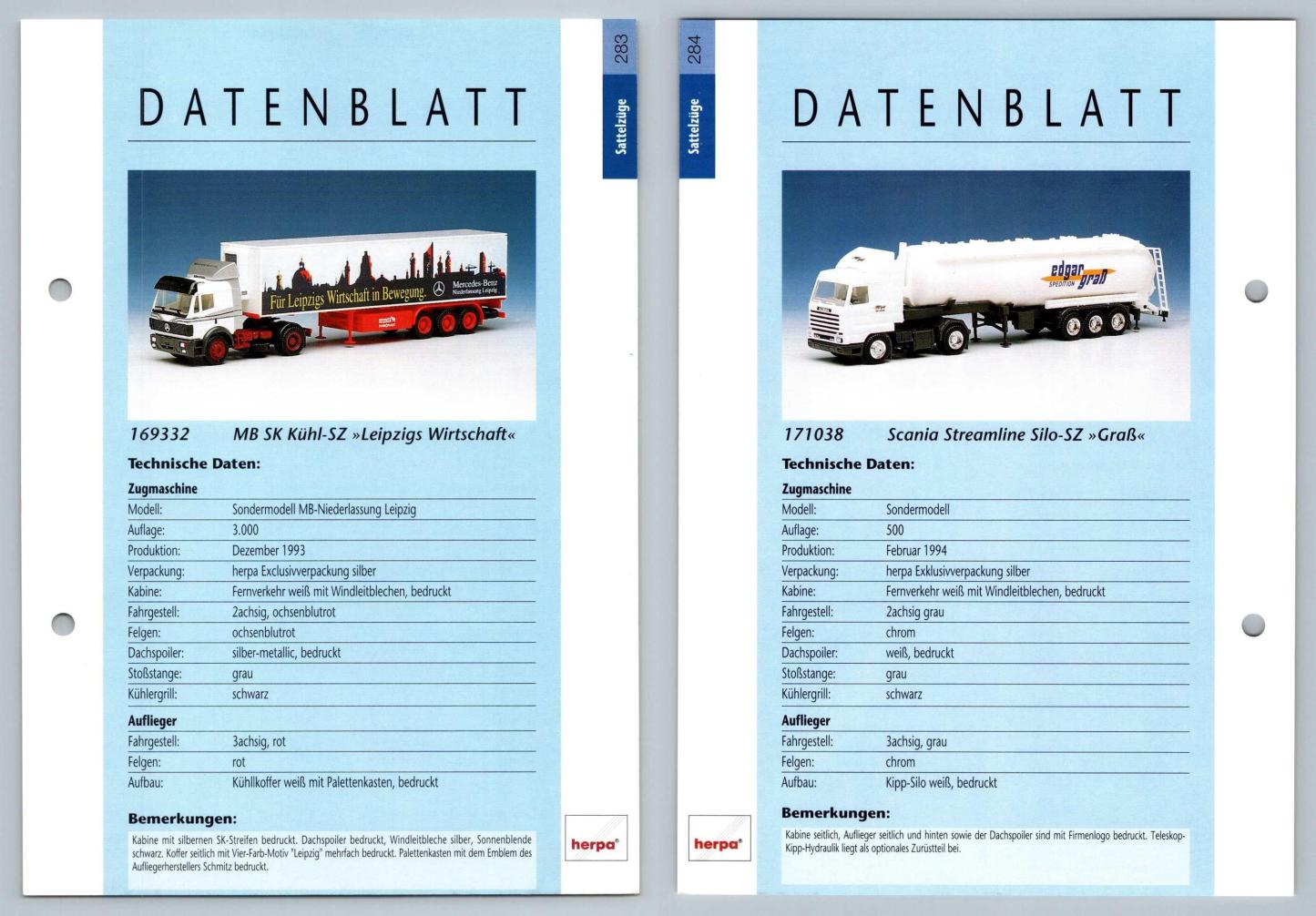 MB SK KUHL / Scania Streamline #283/284 Sattelzuge - Herpa Data Sheet-Breakoutcards