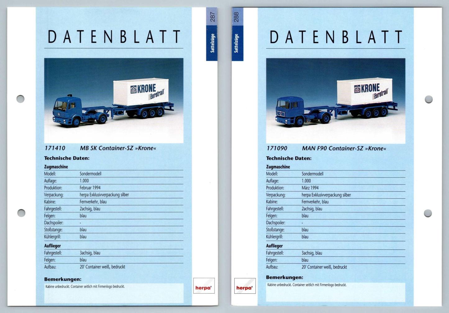 MB SK Container / MAN F90 #287/288 Sattelzuge - Herpa Data Sheet-Breakoutcards