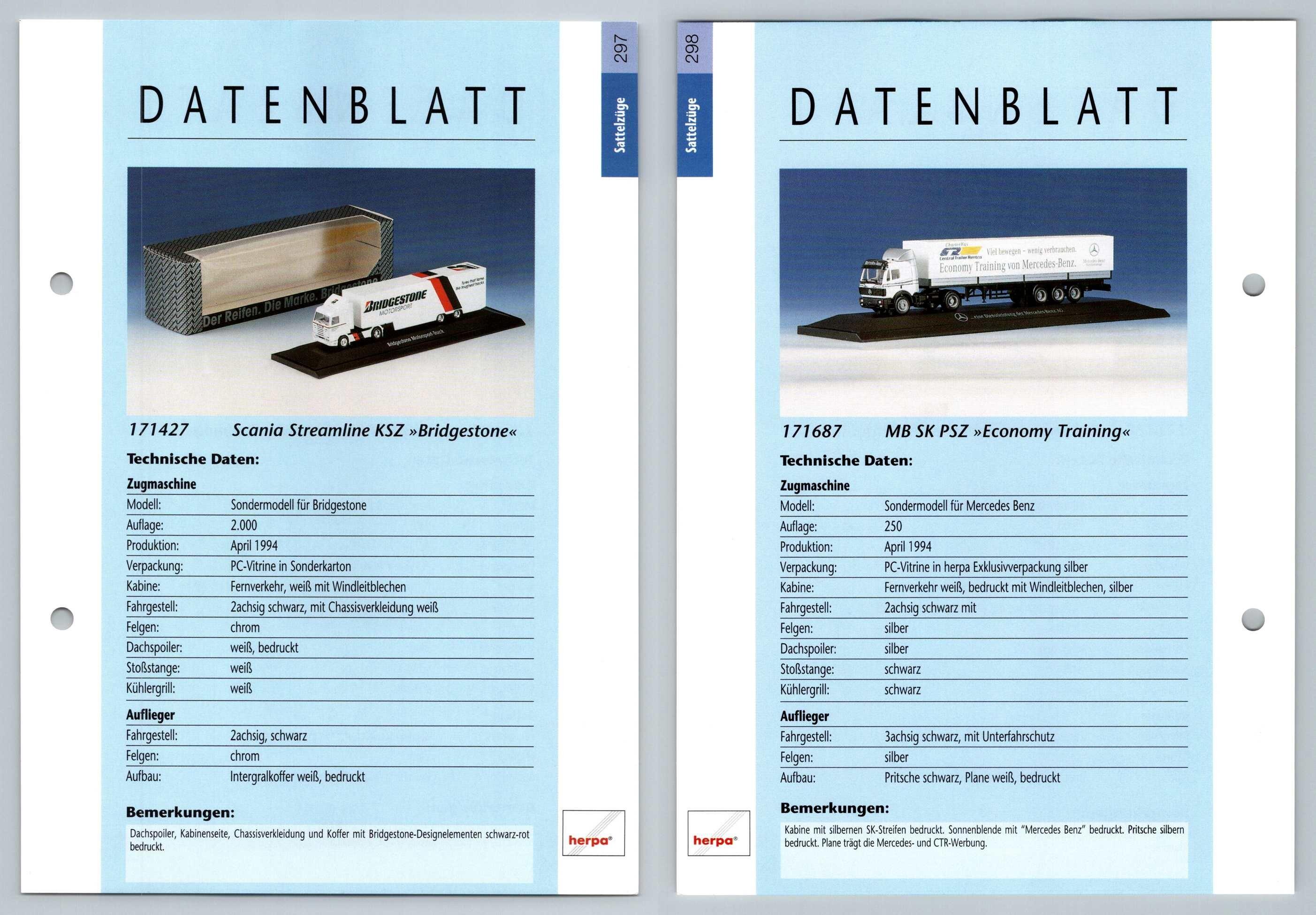 Scania Streamline / MB SK PSZ #297/298 Sattelzuge - Herpa Data Sheet-Breakoutcards