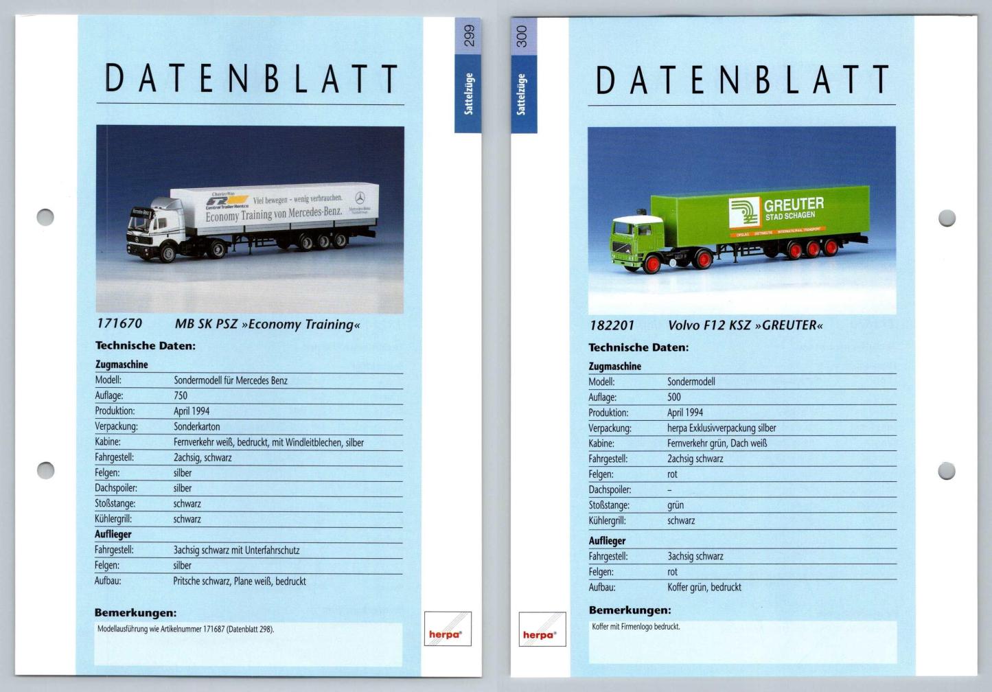 MB SK PSZ / Volvo F12 #299/300 Sattelzuge - Herpa Data Sheet-Breakoutcards