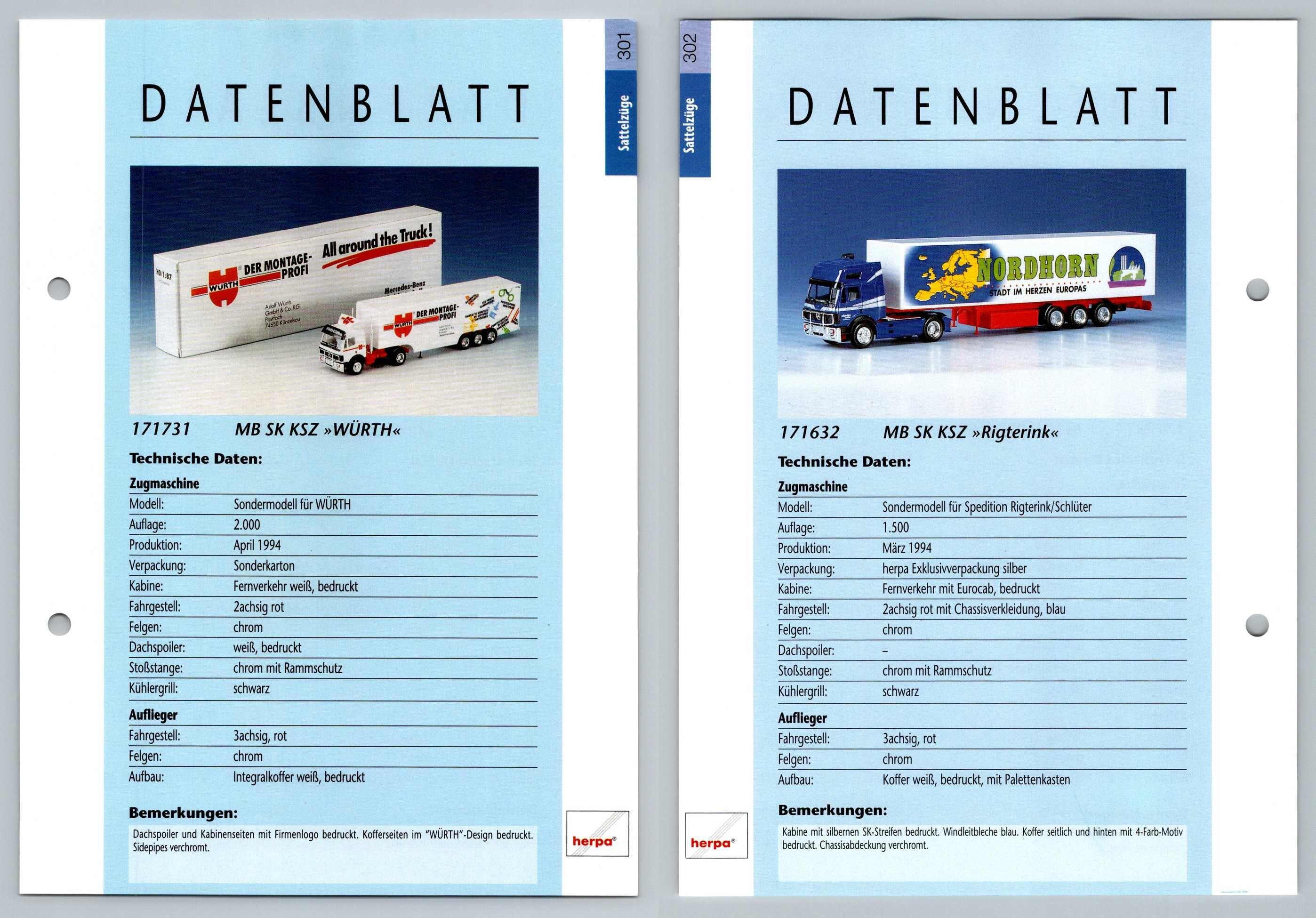 MB SK KSZ Wurth / Rigterink #301/302 Sattelzuge - Herpa Data Sheet-Breakoutcards