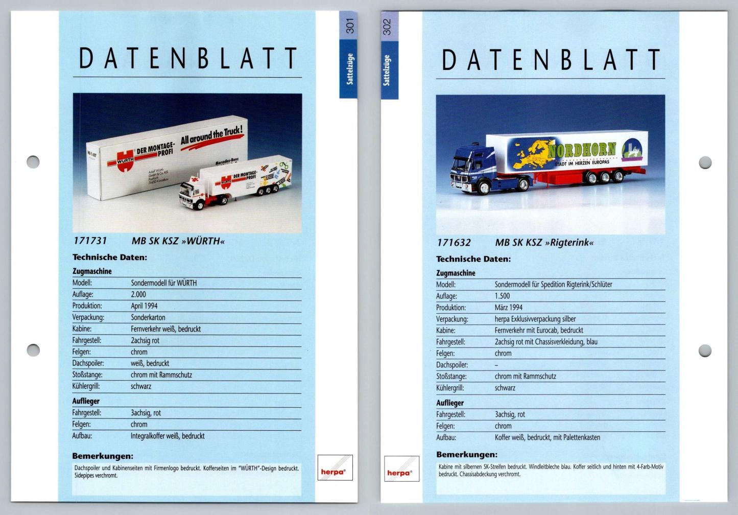 MB SK KSZ Wurth / Rigterink #301/302 Sattelzuge - Herpa Data Sheet-Breakoutcards