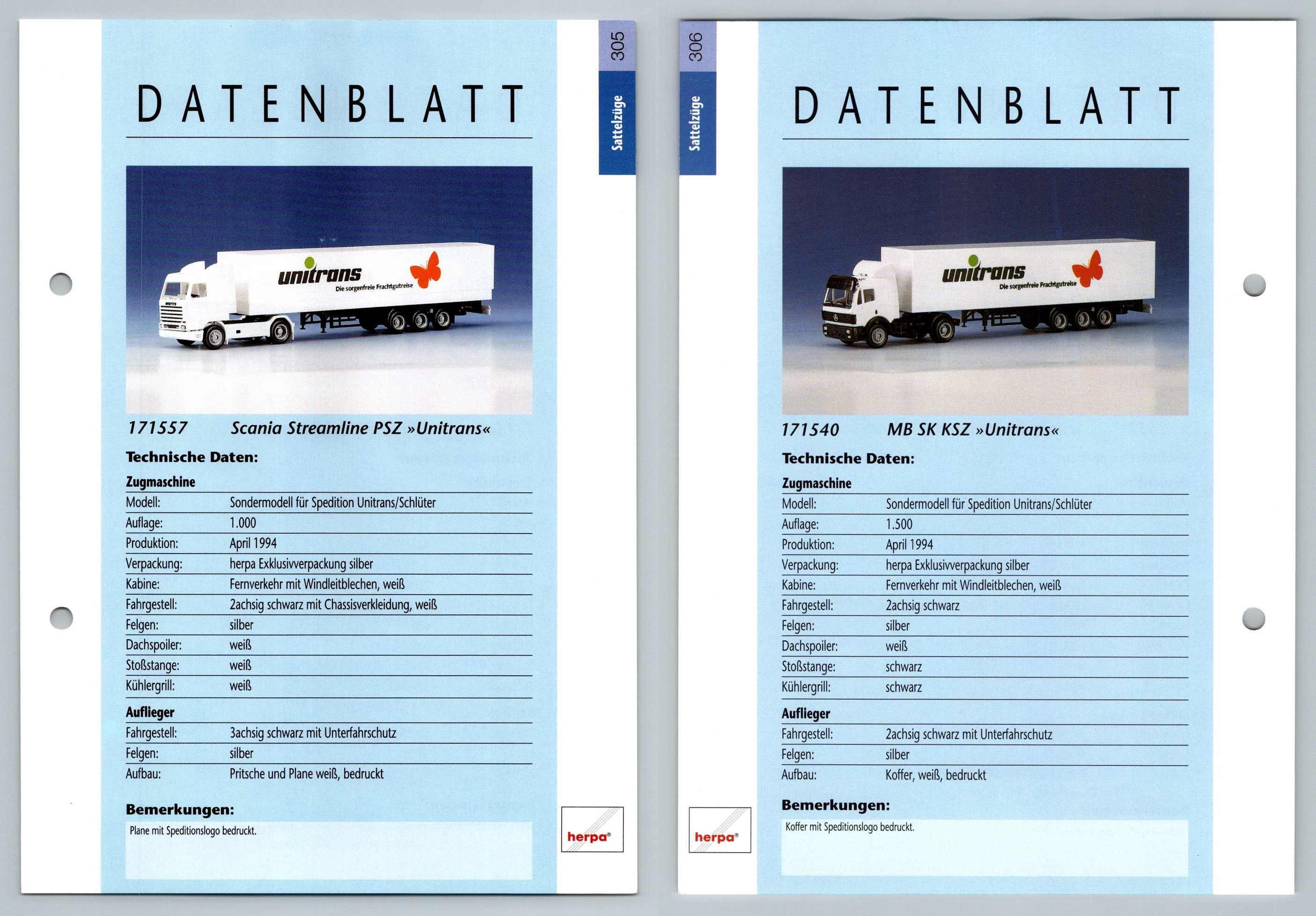 Scania Streamline / MB SK KSZ #305/306 Sattelzuge - Herpa Data Sheet-Breakoutcards