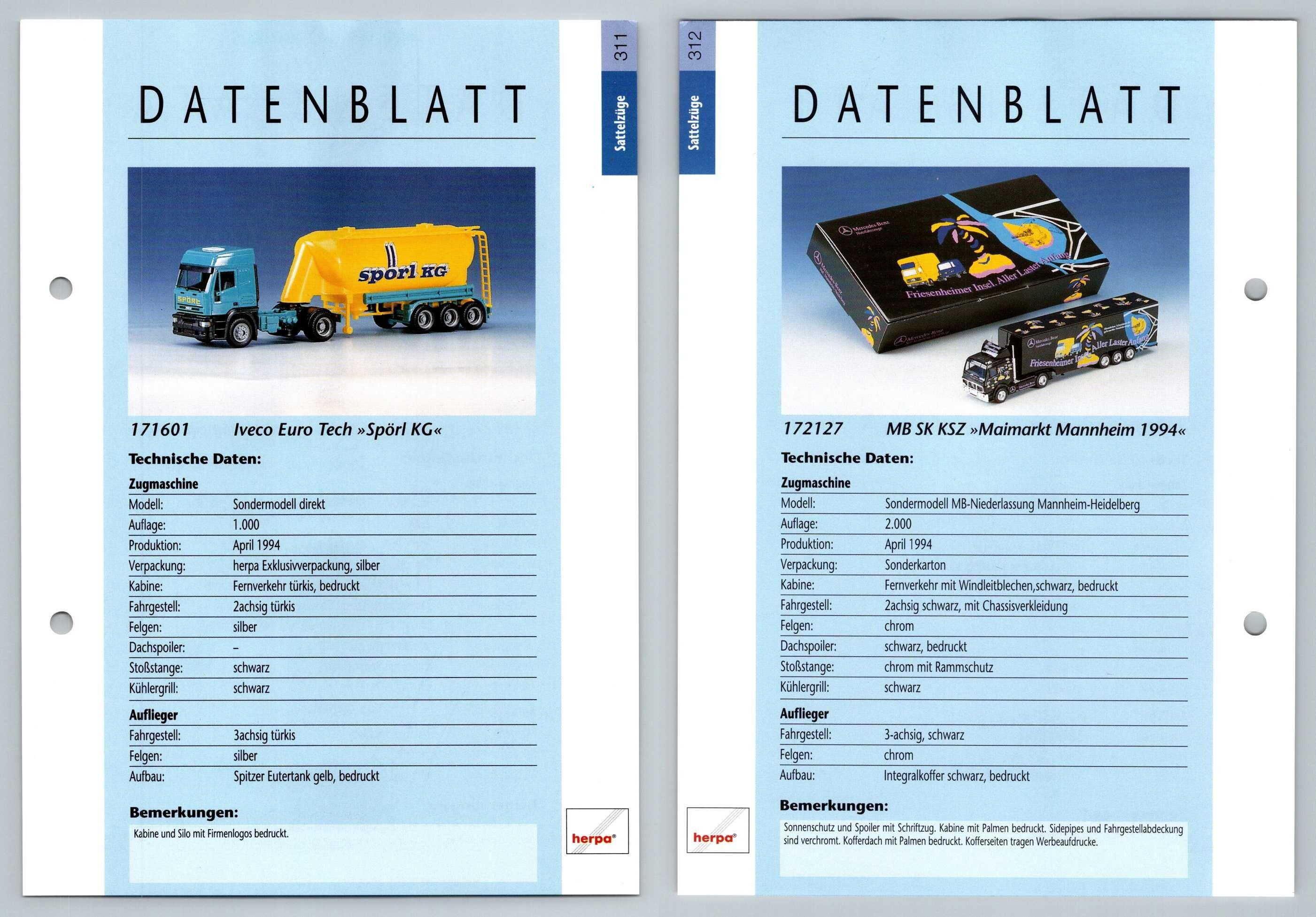 Iveco Euro Tech / MB SK KSZ #311/312 Sattelzuge - Herpa Data Sheet-Breakoutcards