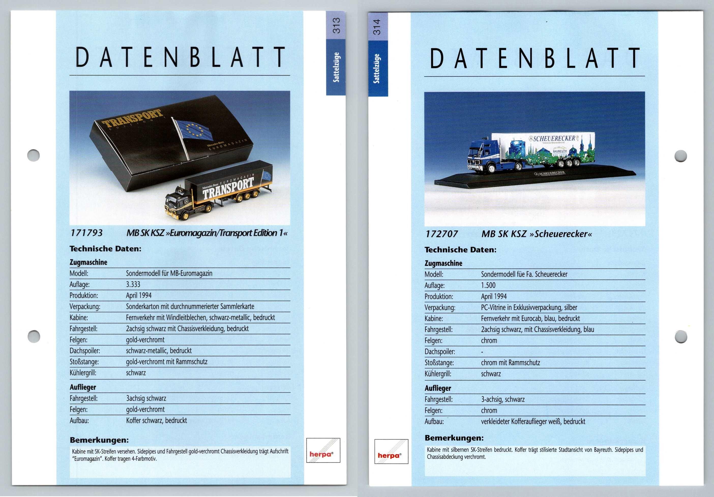 MB SK KSZ Euromagazin / Scheuerecker #313/314 Sattelzuge - Herpa Data Sheet-Breakoutcards