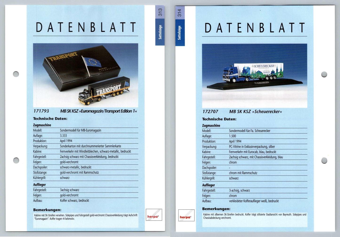 MB SK KSZ Euromagazin / Scheuerecker #313/314 Sattelzuge - Herpa Data Sheet-Breakoutcards