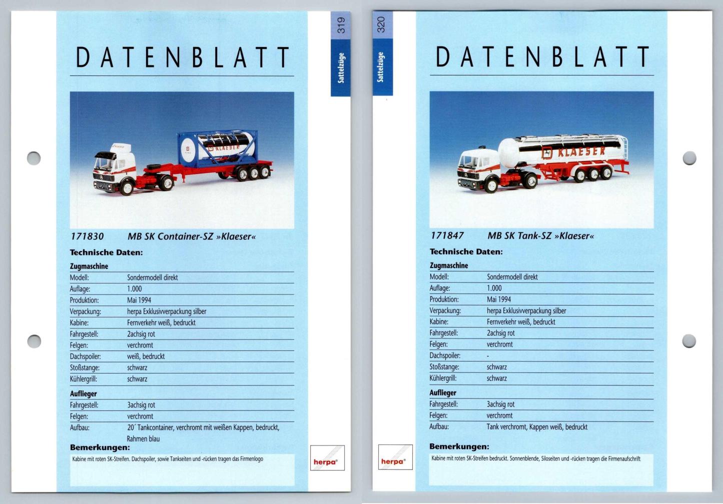 MB SK Container  / MB SK Tank #319/320 Sattelzuge - Herpa Data Sheet-Breakoutcards