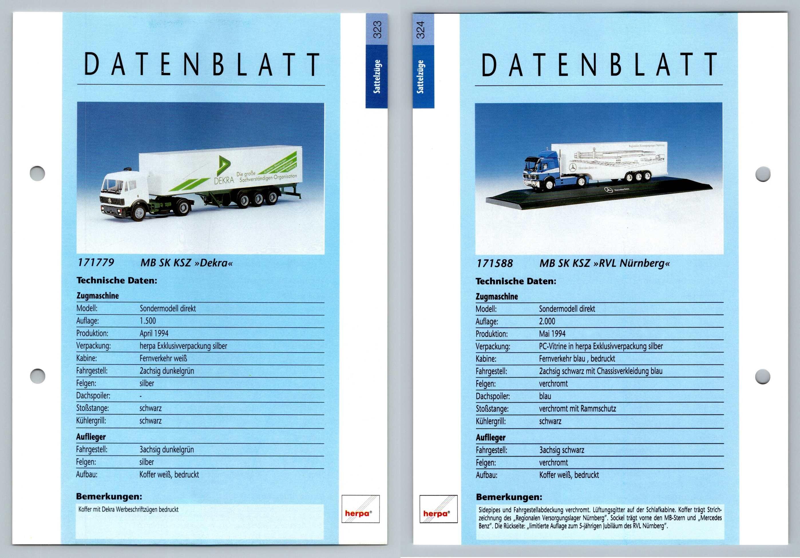 MB SK KSZ Dekra / RVL Nurnberg #323/324 Sattelzuge - Herpa Data Sheet-Breakoutcards