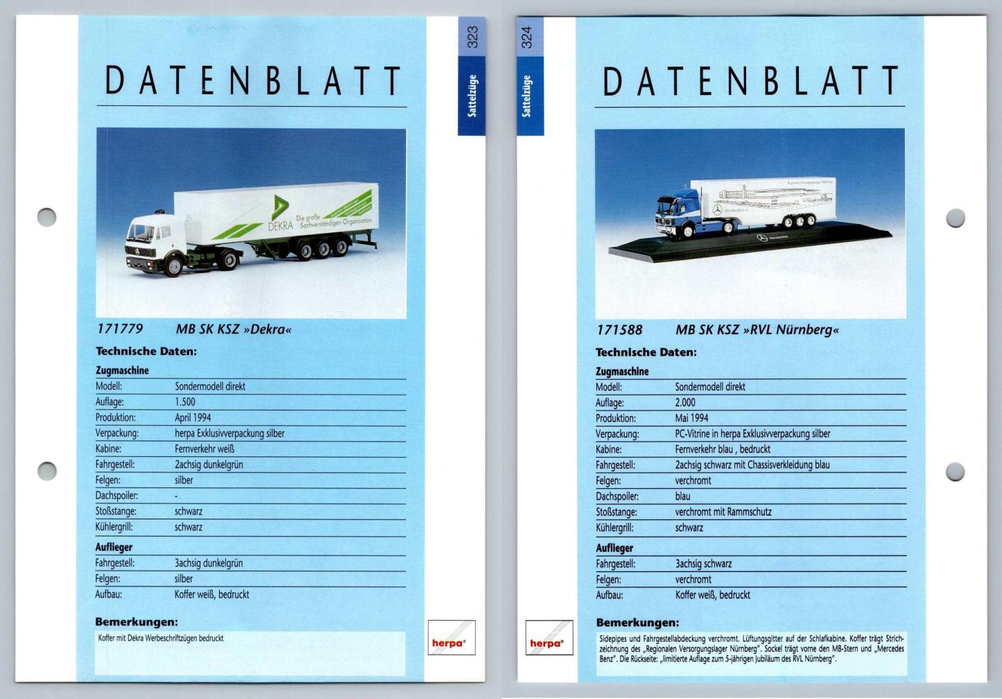 MB SK KSZ Dekra / RVL Nurnberg #323/324 Sattelzuge - Herpa Data Sheet-Breakoutcards