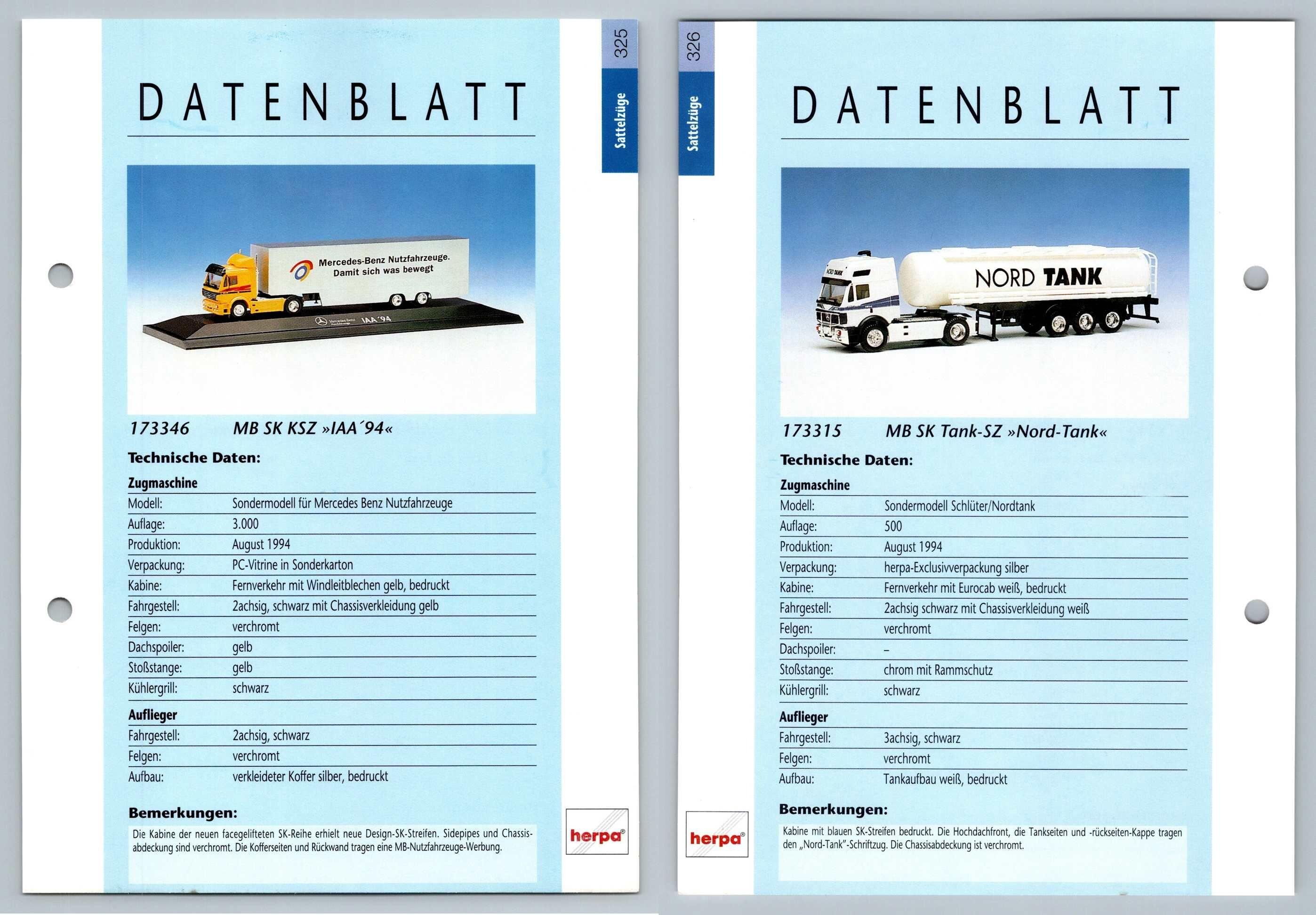 MB SK KSZ / MB SK Tank SZ #325/326 Sattelzuge - Herpa Data Sheet-Breakoutcards