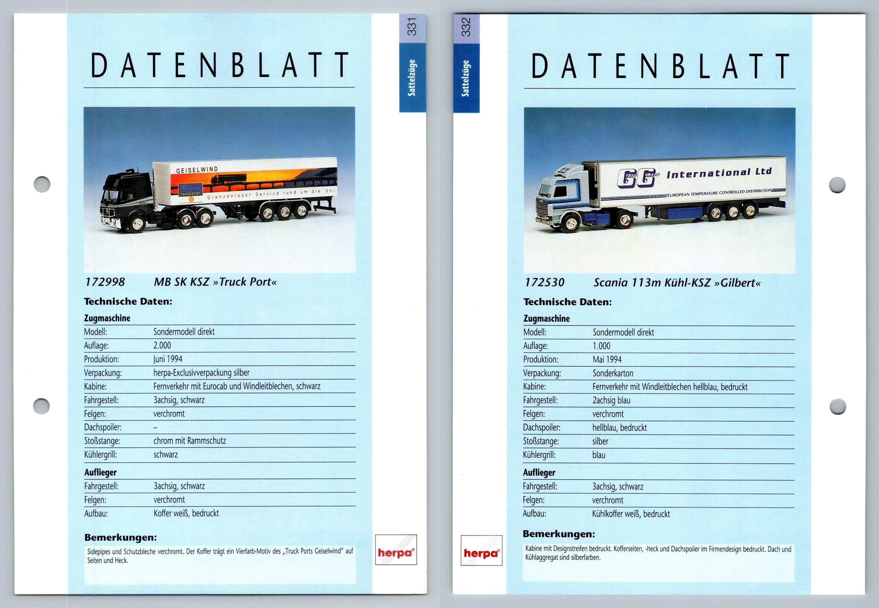 MB SK KSZ / Scania 113m Kuhl #331/332 Sattelzuge - Herpa Data Sheet-Breakoutcards