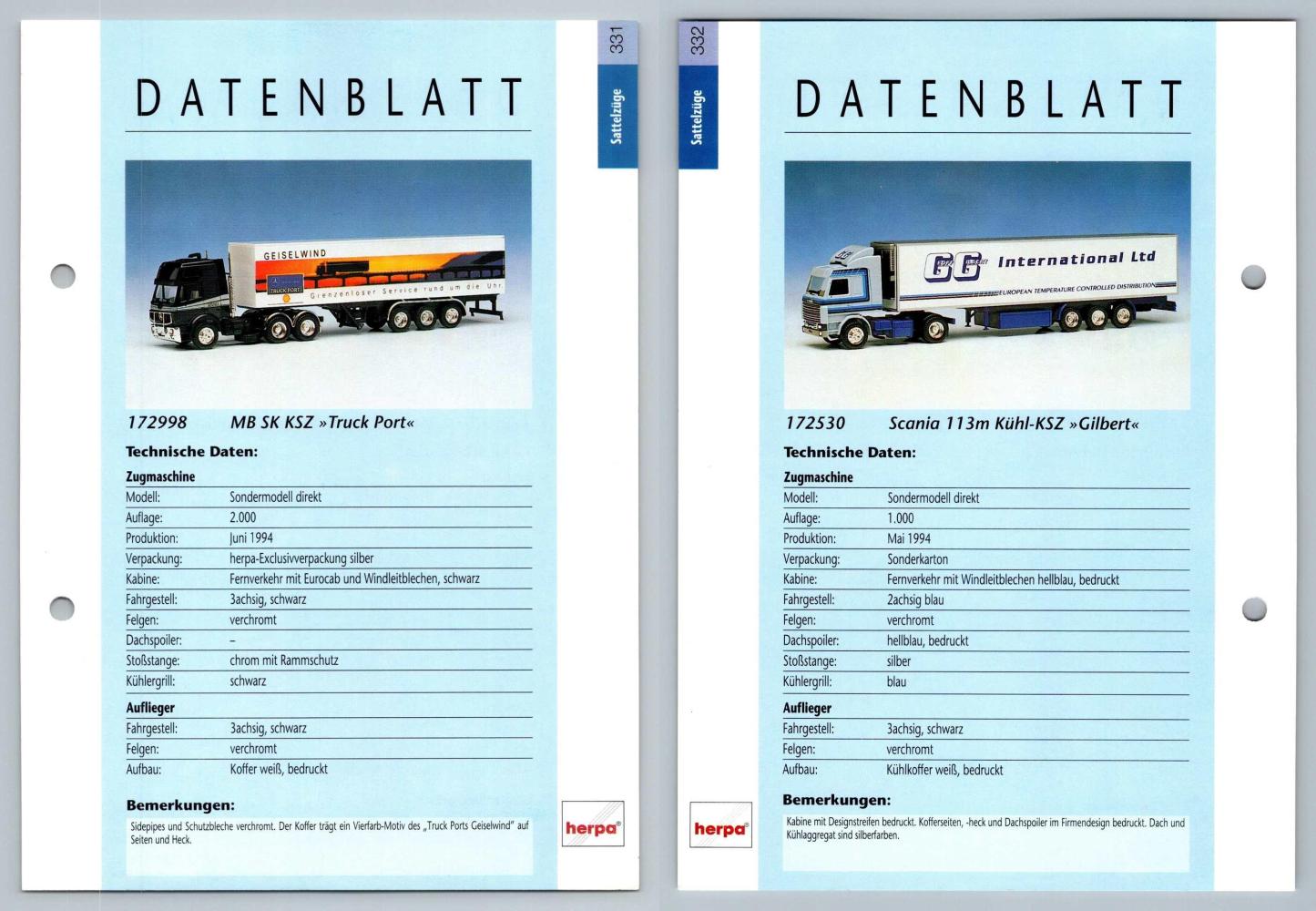 MB SK KSZ / Scania 113m Kuhl #331/332 Sattelzuge - Herpa Data Sheet-Breakoutcards
