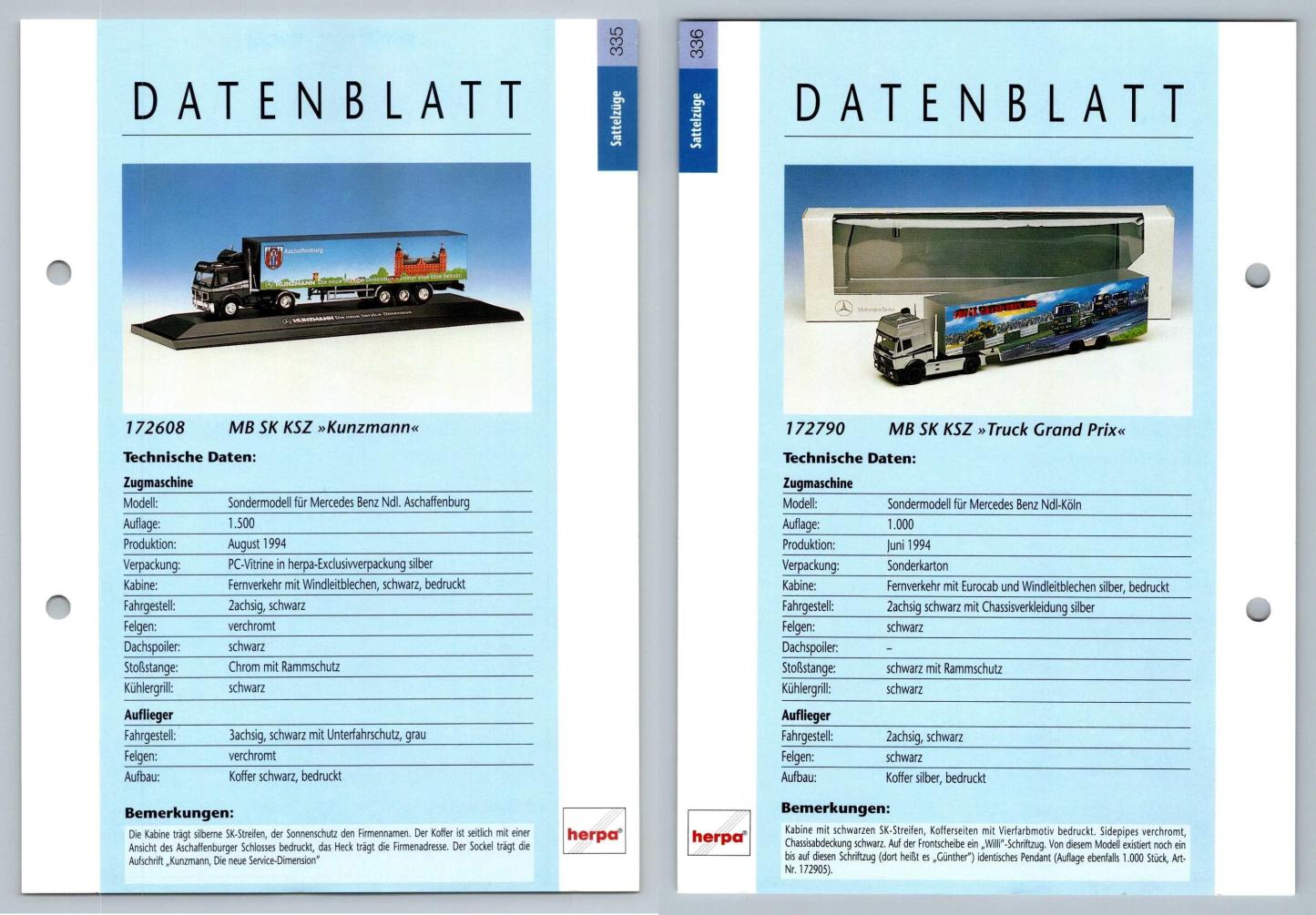 MB SK KSZ Kunzmann / Truck Grand Prix #335/6 Sattelzuge - Herpa Data Sheet-Breakoutcards