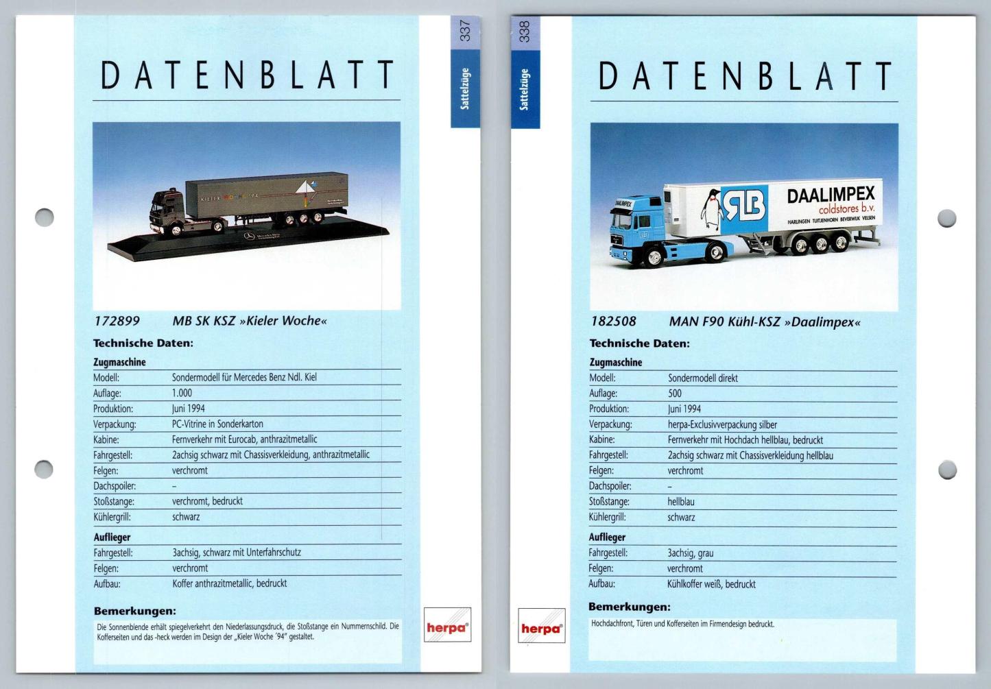 MB SK KSZ / MAN F90 Kuhl #337/338 Sattelzuge - Herpa Data Sheet-Breakoutcards