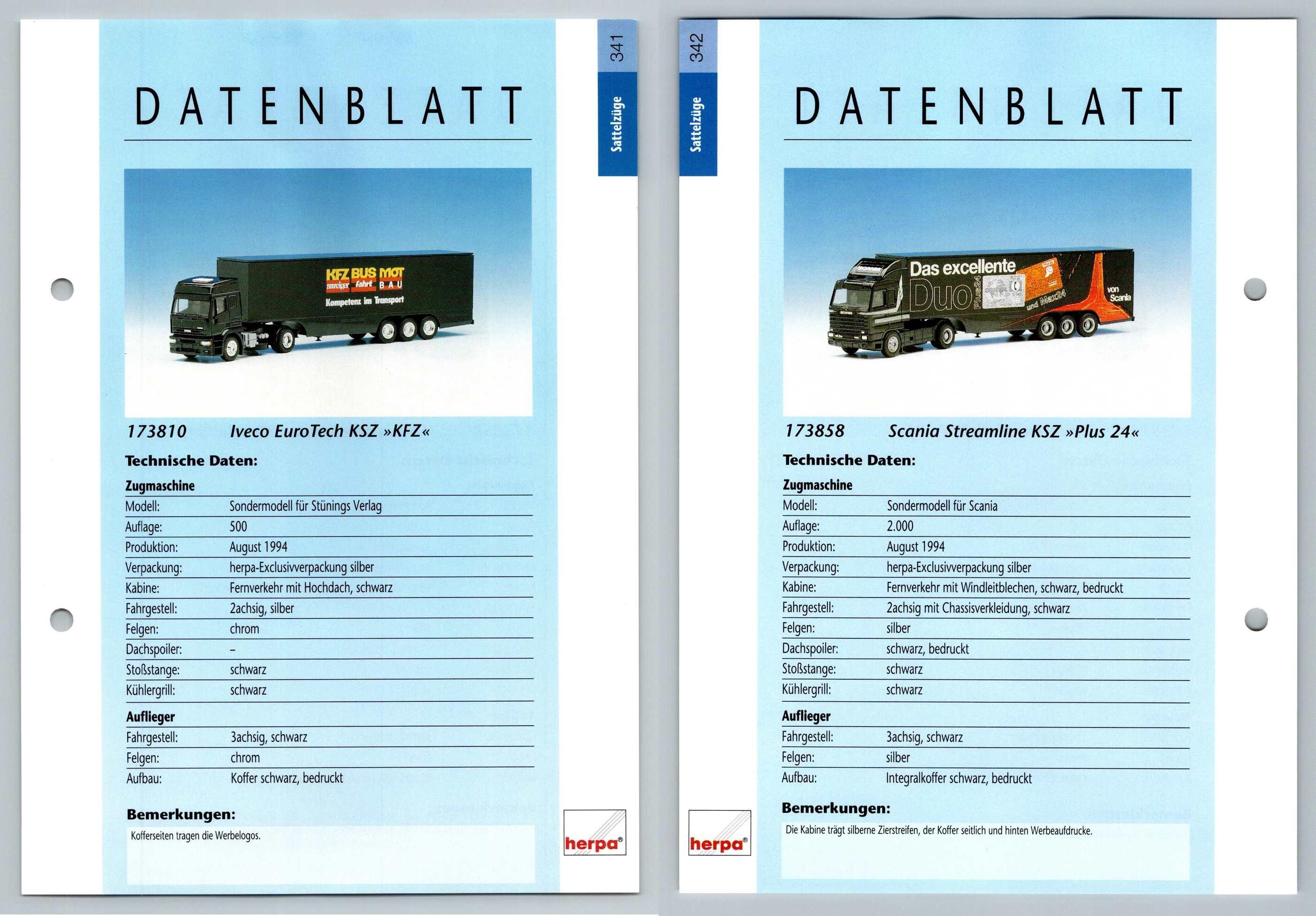 Iveco EuroTech / Scania Streamline #341/342 Sattelzuge - Herpa Data Sheet-Breakoutcards