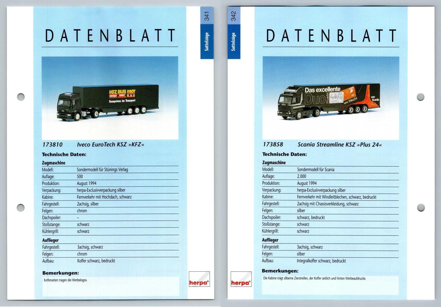 Iveco EuroTech / Scania Streamline #341/342 Sattelzuge - Herpa Data Sheet-Breakoutcards