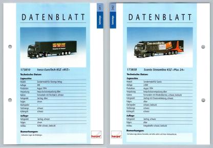 Iveco EuroTech / Scania Streamline #341/342 Sattelzuge - Herpa Data Sheet-Breakoutcards